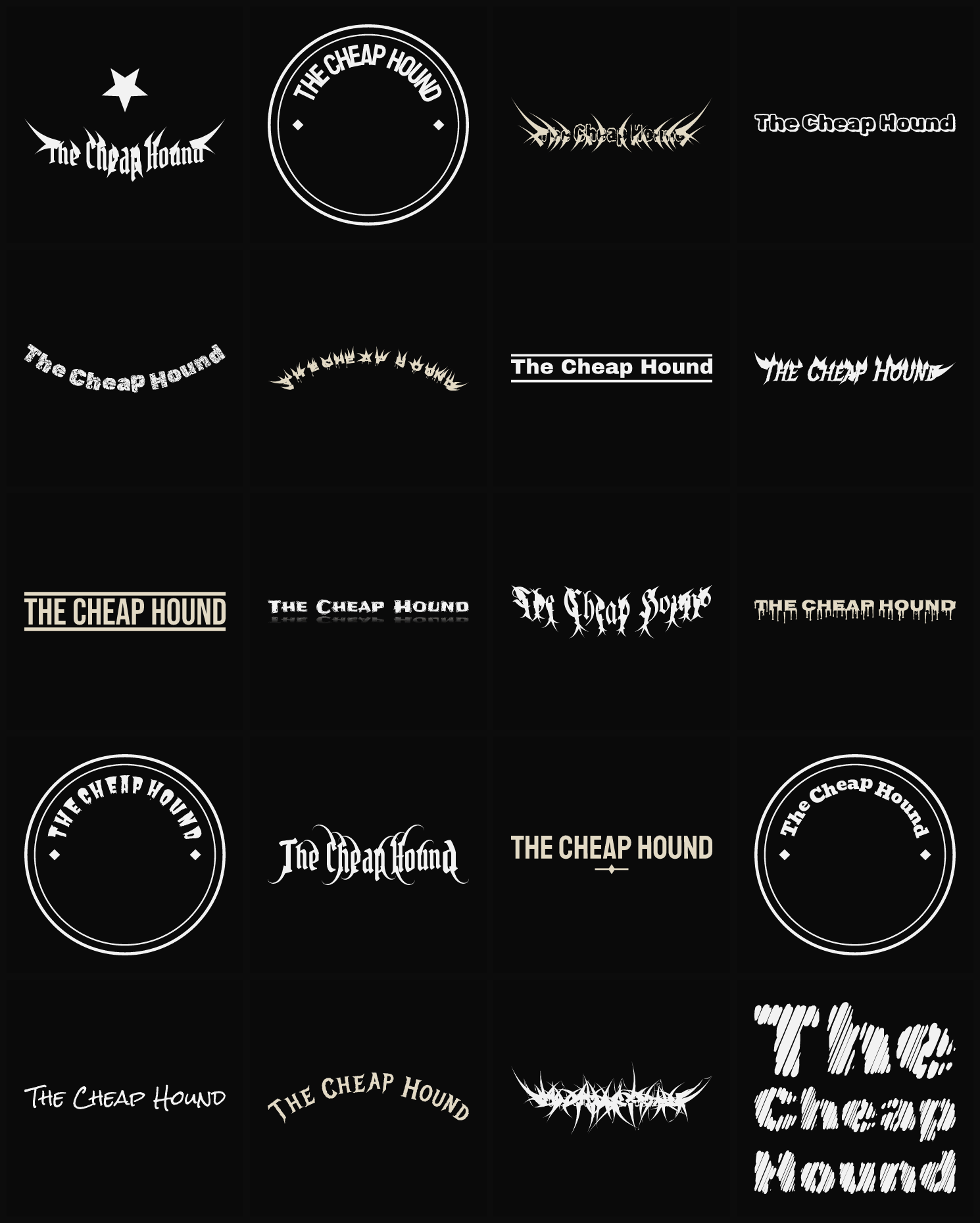 Twenty The Cheap Hound band logo ideas — different faces, treatments and spike settings