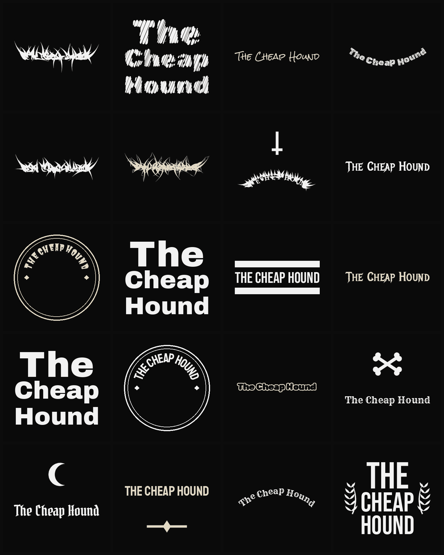 Twenty The Cheap Hound band logo ideas — different faces, treatments and spike settings