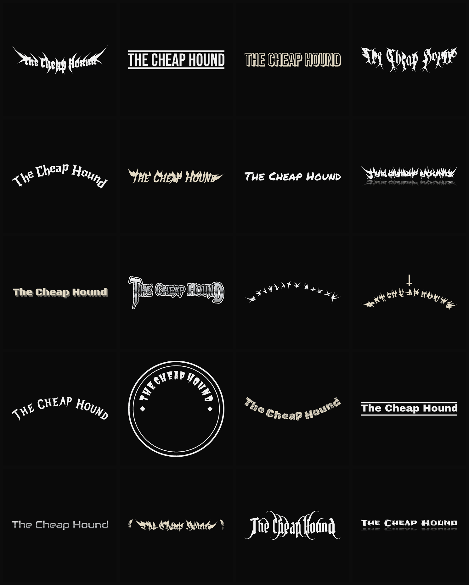Twenty The Cheap Hound band logo ideas — different faces, treatments and spike settings
