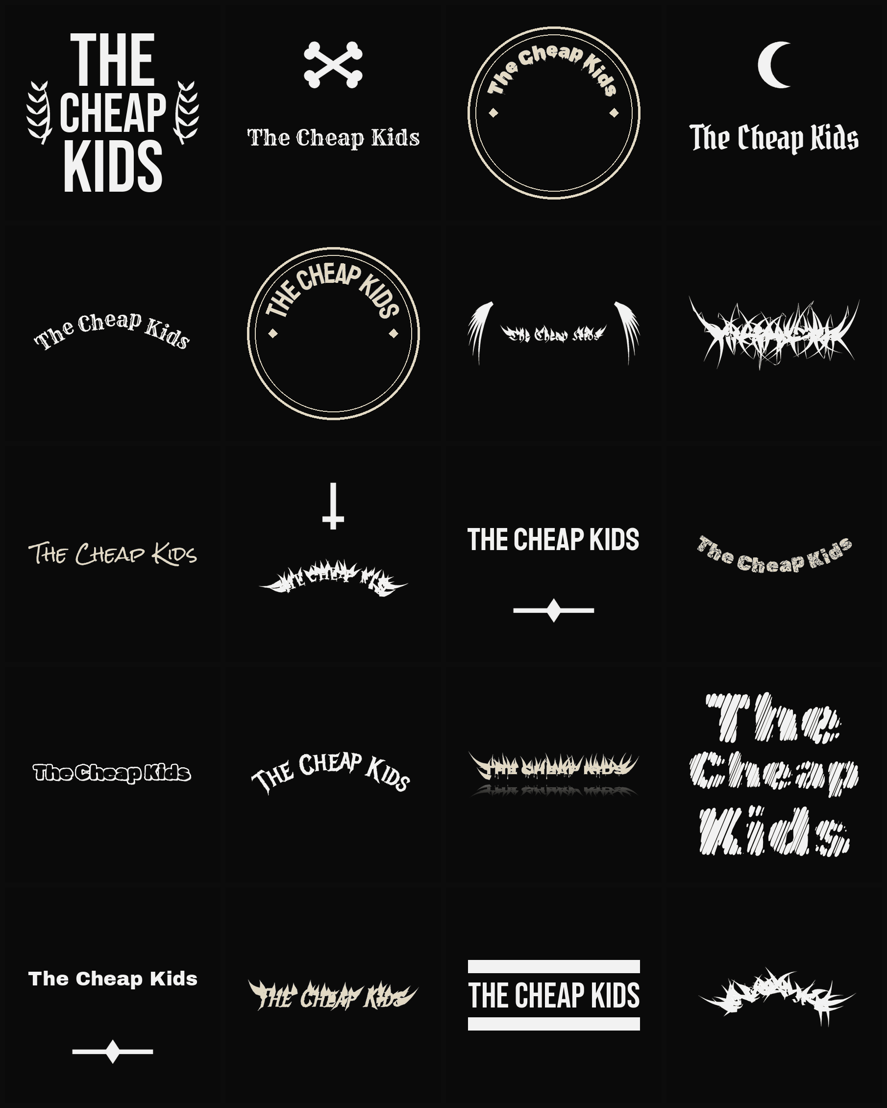 Twenty The Cheap Kids band logo ideas — different faces, treatments and spike settings
