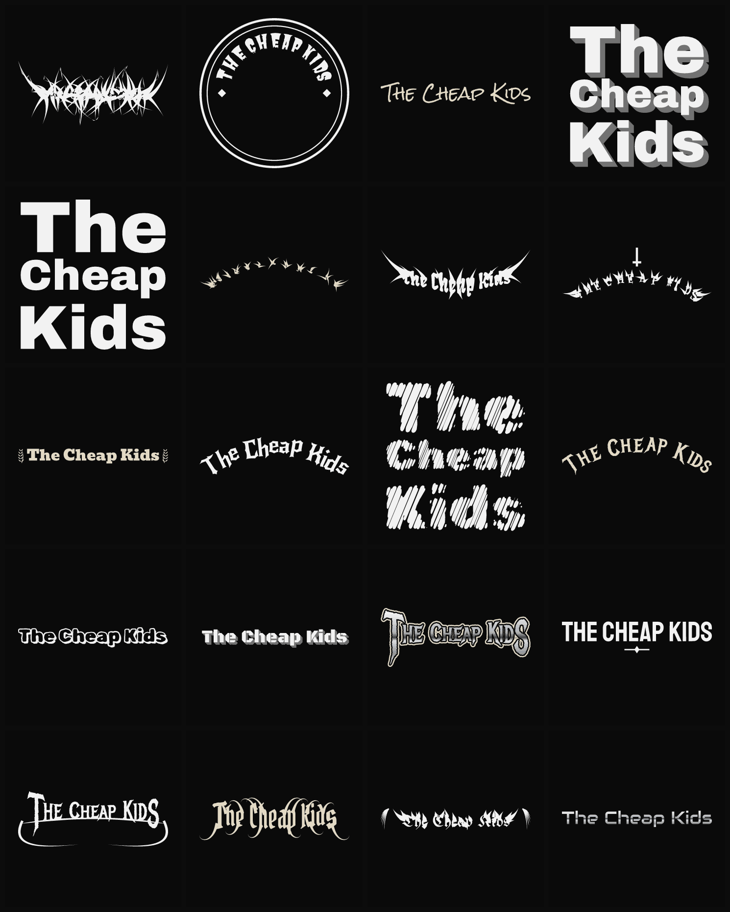 Twenty The Cheap Kids band logo ideas — different faces, treatments and spike settings