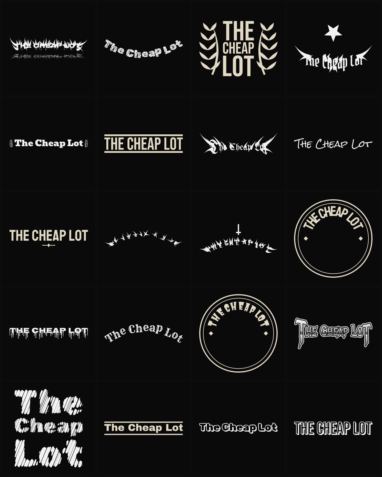 Twenty The Cheap Lot band logo ideas — different faces, treatments and spike settings