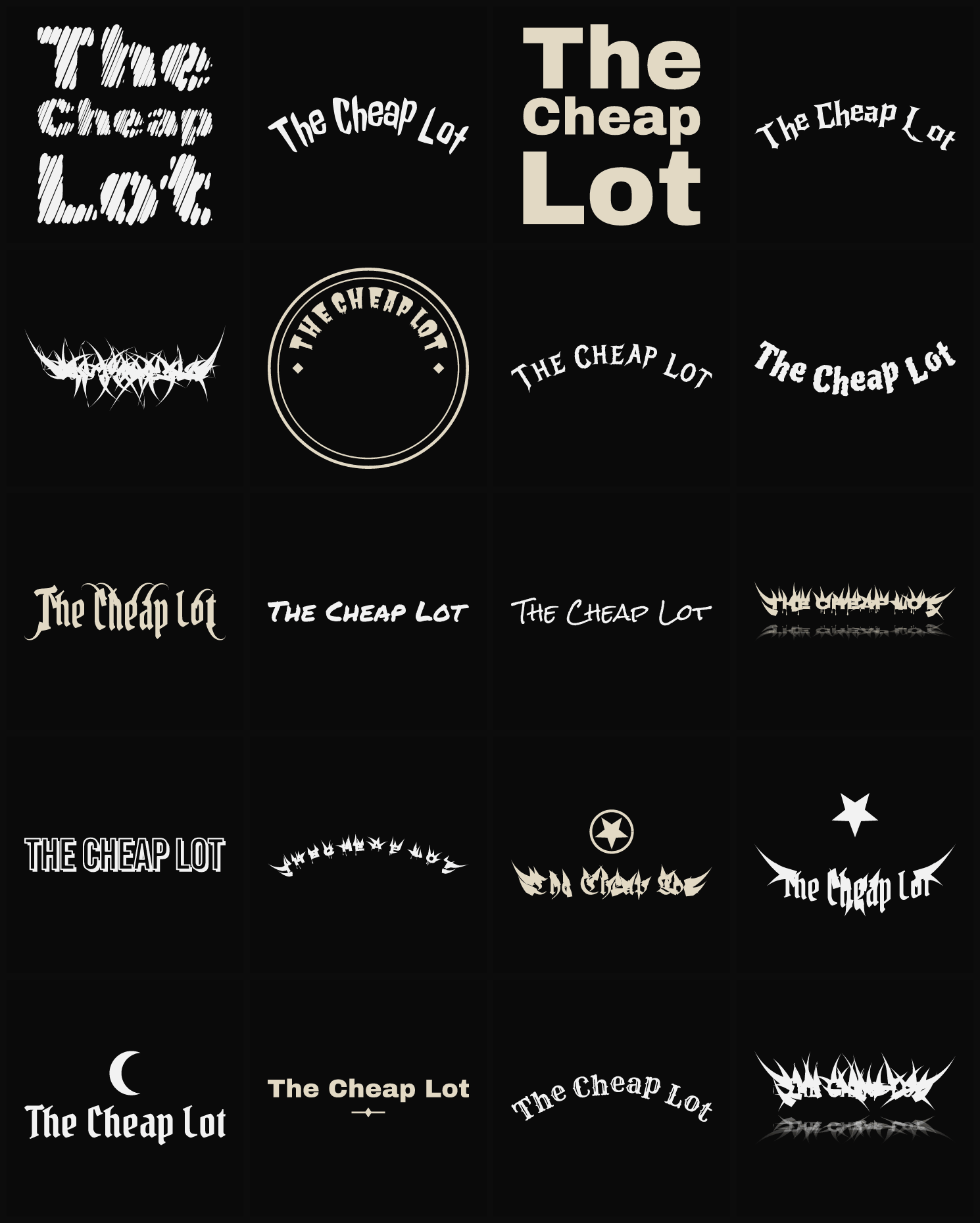 Twenty The Cheap Lot band logo ideas — different faces, treatments and spike settings