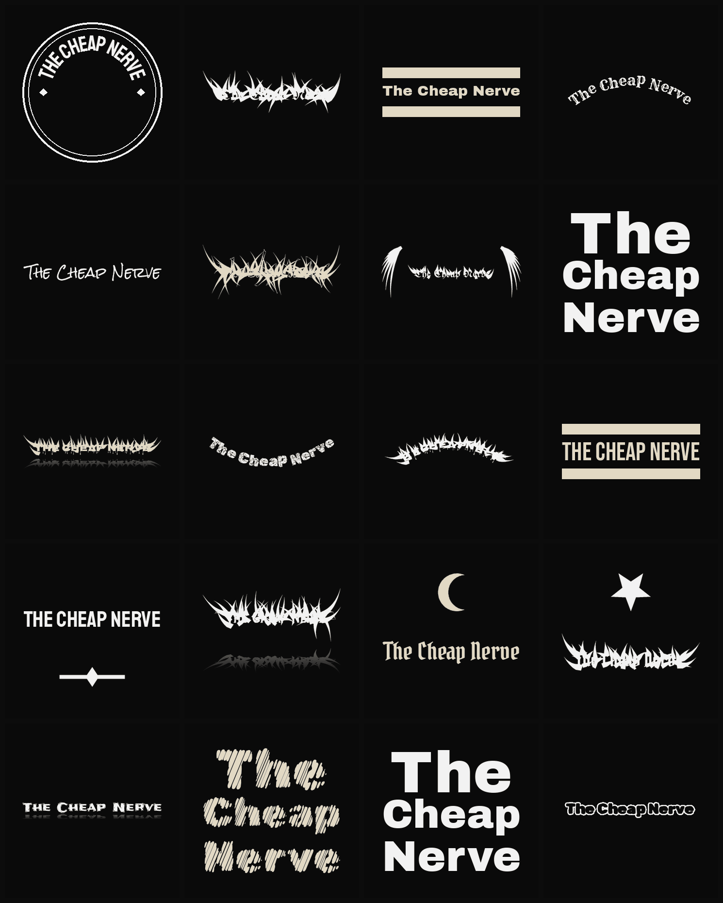 Twenty The Cheap Nerve band logo ideas — different faces, treatments and spike settings