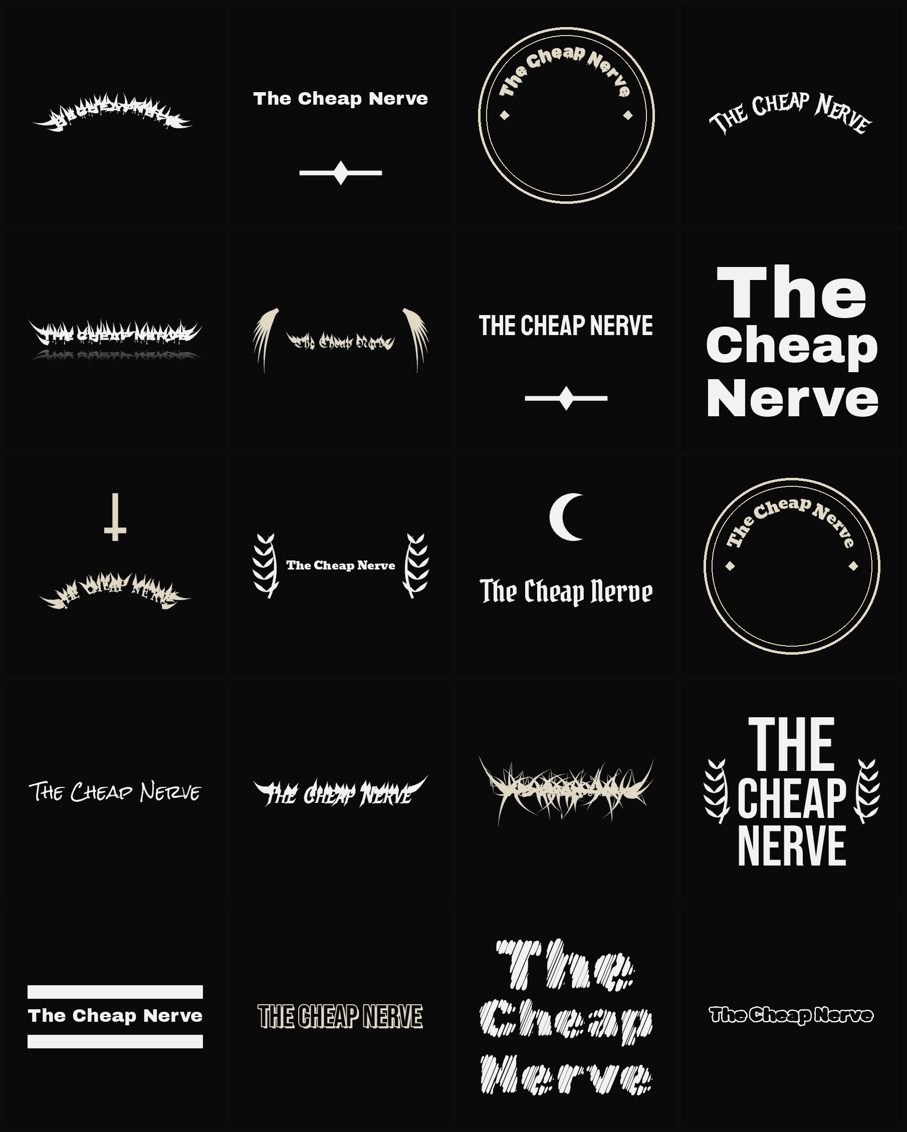 Twenty The Cheap Nerve band logo ideas — different faces, treatments and spike settings