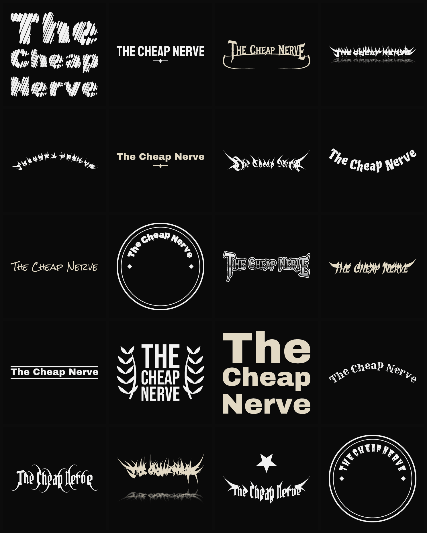 Twenty The Cheap Nerve band logo ideas — different faces, treatments and spike settings