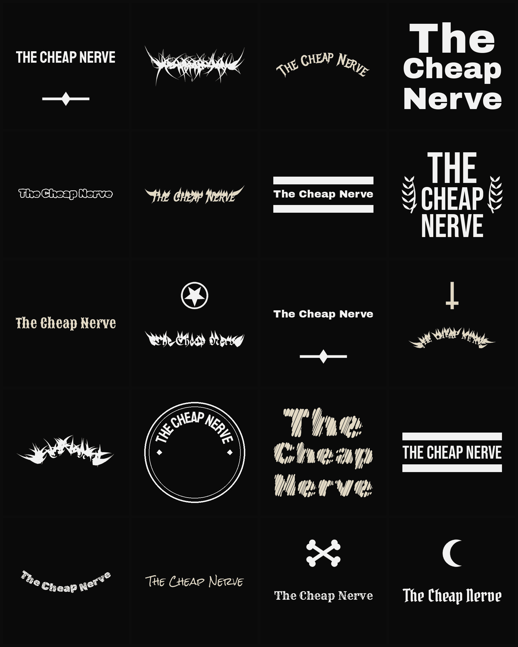Twenty The Cheap Nerve band logo ideas — different faces, treatments and spike settings