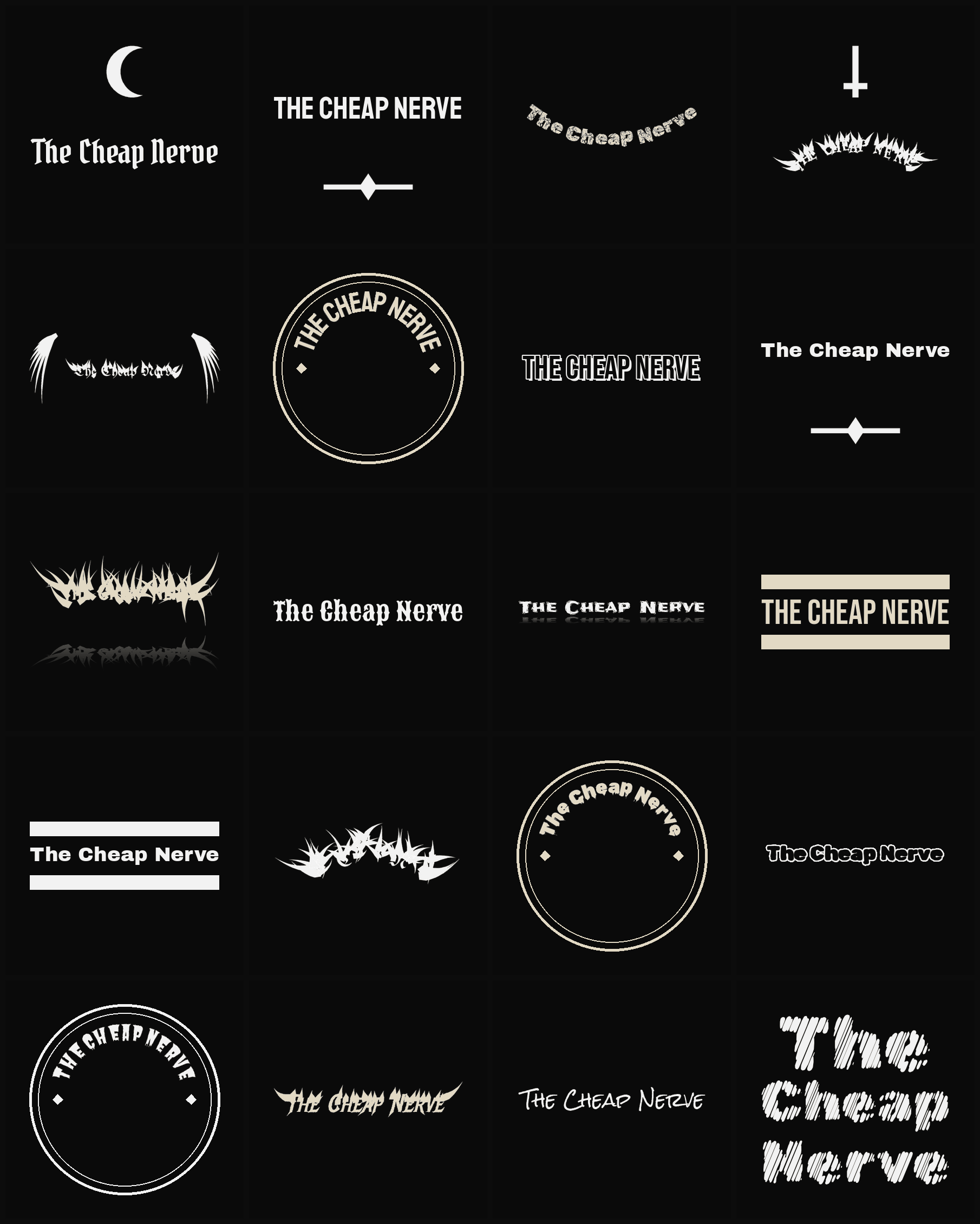 Twenty The Cheap Nerve band logo ideas — different faces, treatments and spike settings