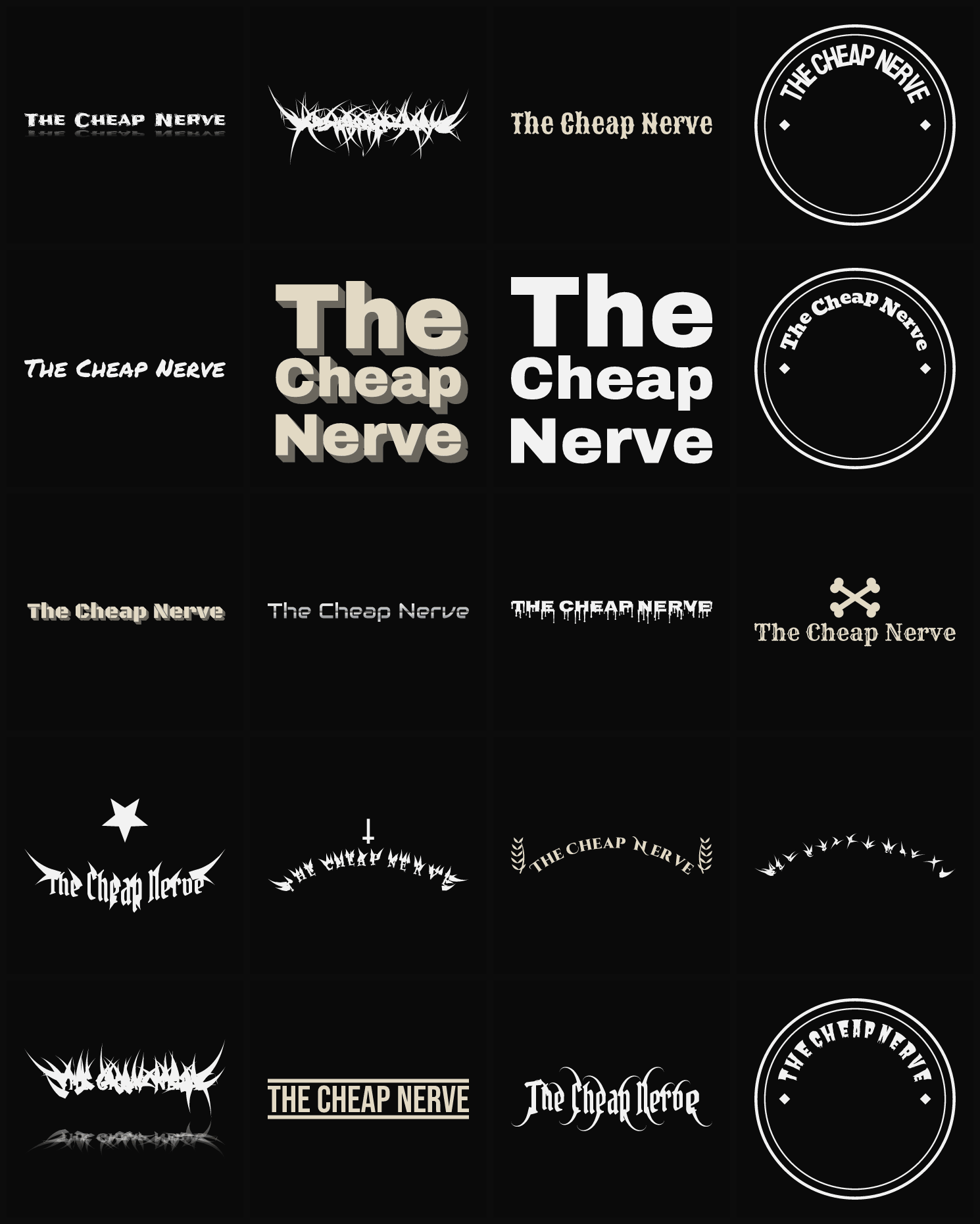 Twenty The Cheap Nerve band logo ideas — different faces, treatments and spike settings