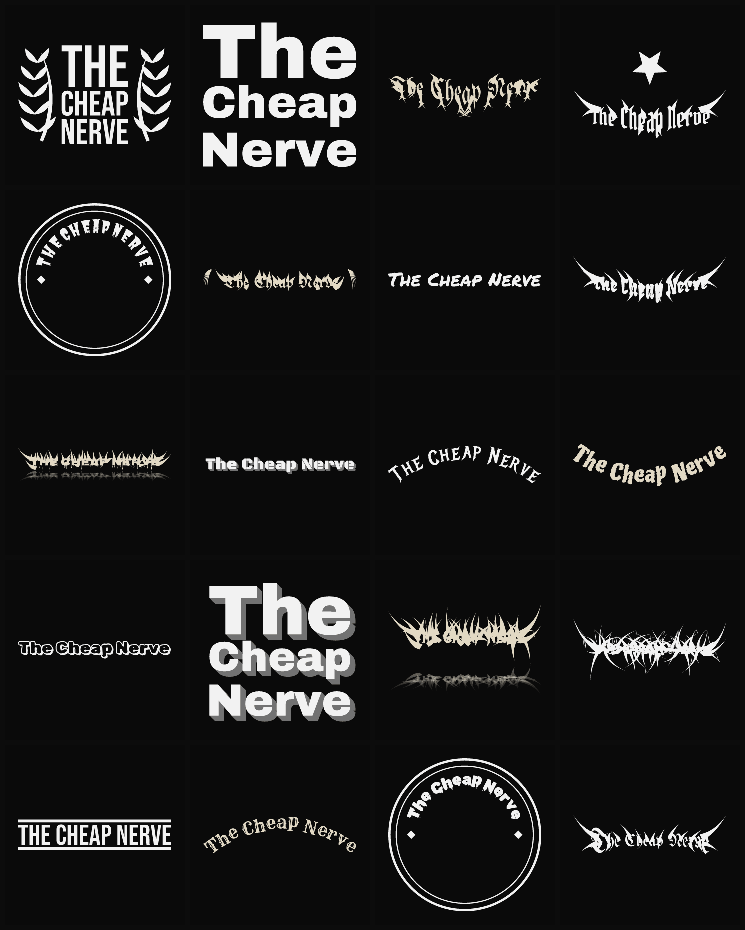 Twenty The Cheap Nerve band logo ideas — different faces, treatments and spike settings