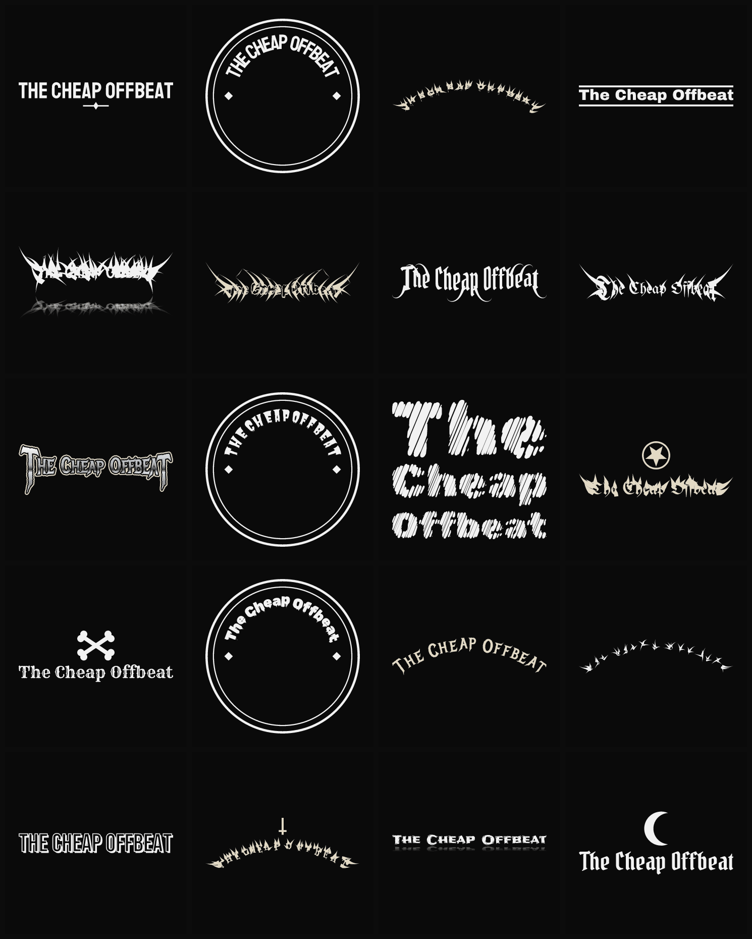 Twenty The Cheap Offbeat band logo ideas — different faces, treatments and spike settings