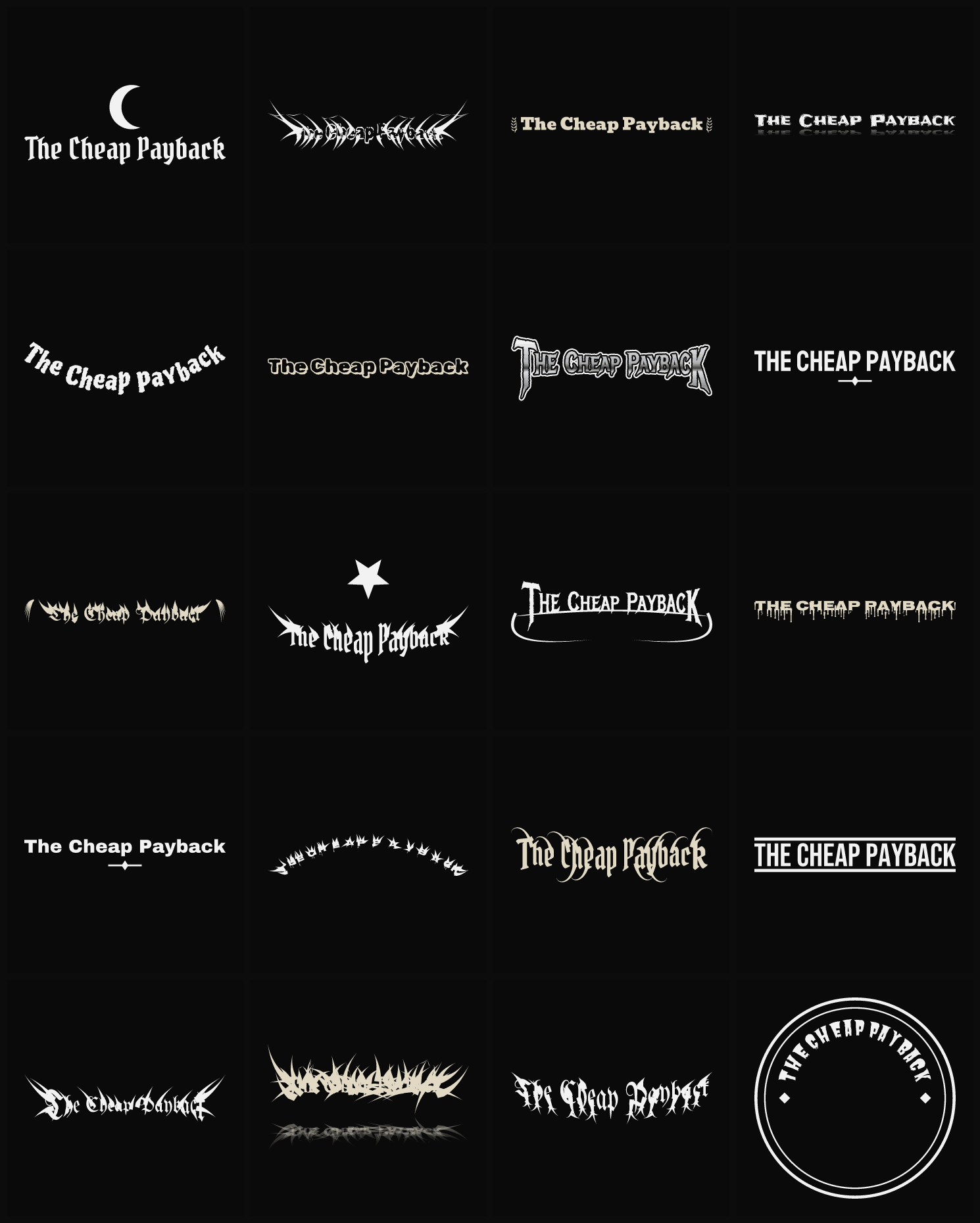 Twenty The Cheap Payback band logo ideas — different faces, treatments and spike settings