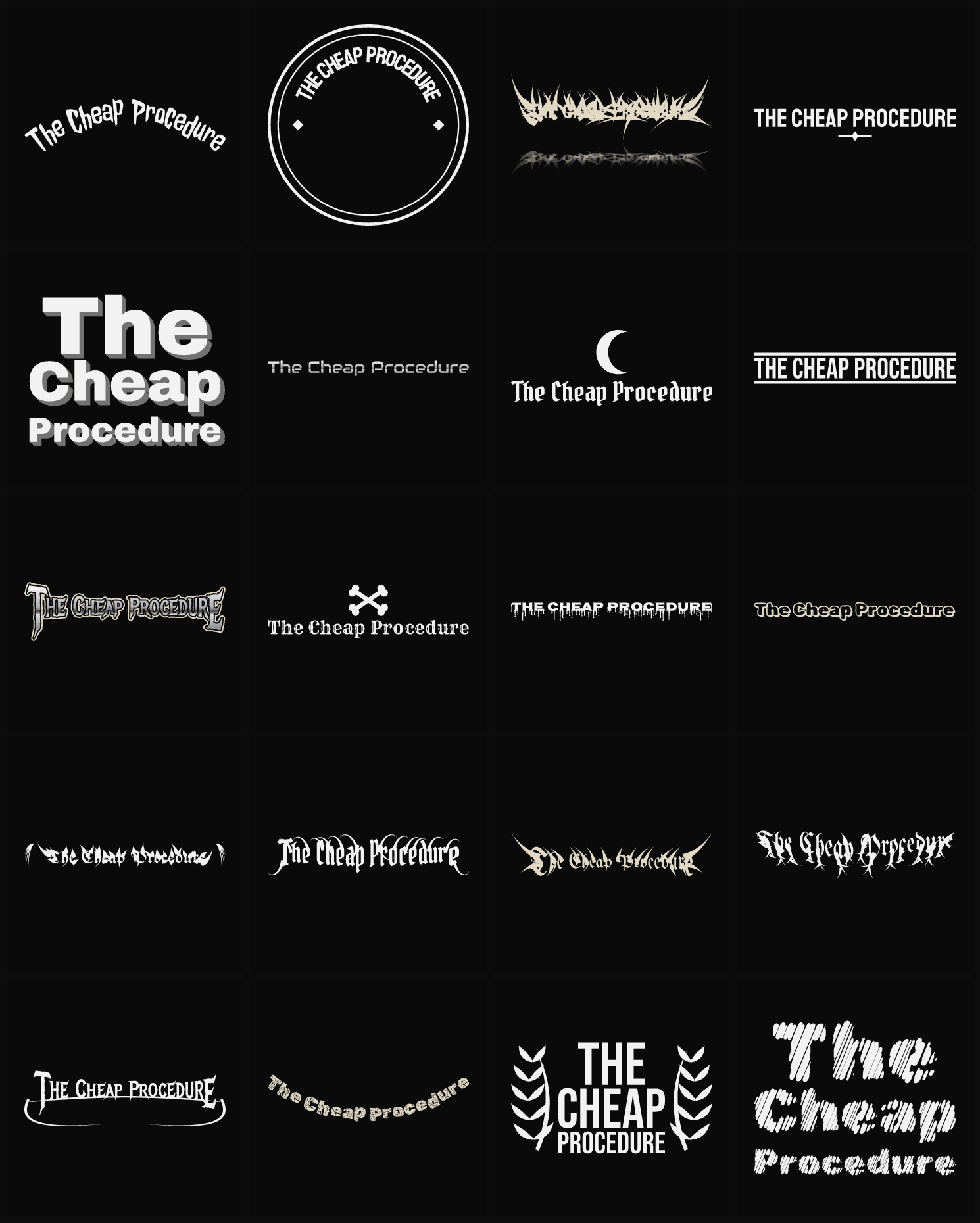 Twenty The Cheap Procedure band logo ideas — different faces, treatments and spike settings