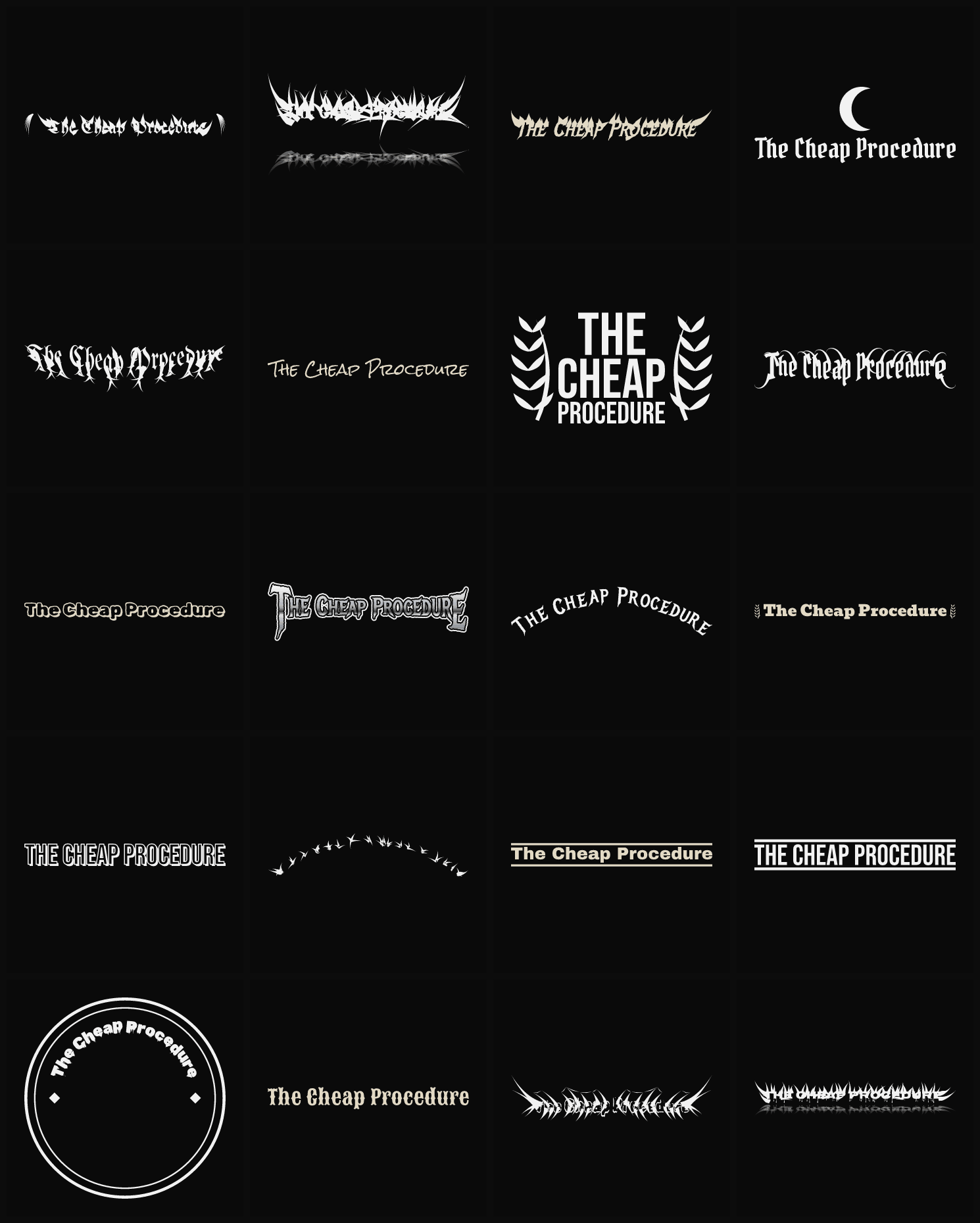 Twenty The Cheap Procedure band logo ideas — different faces, treatments and spike settings