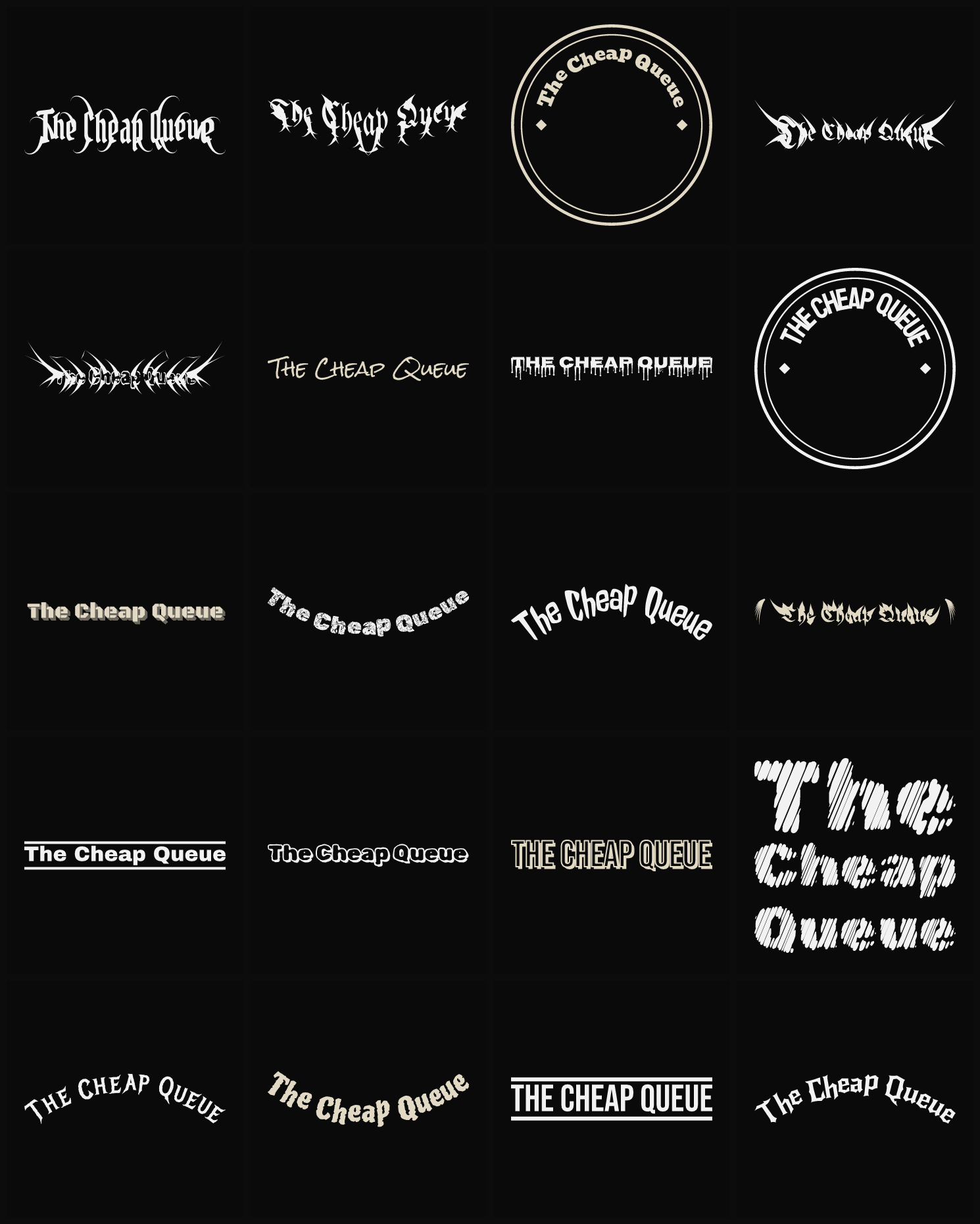 Twenty The Cheap Queue band logo ideas — different faces, treatments and spike settings