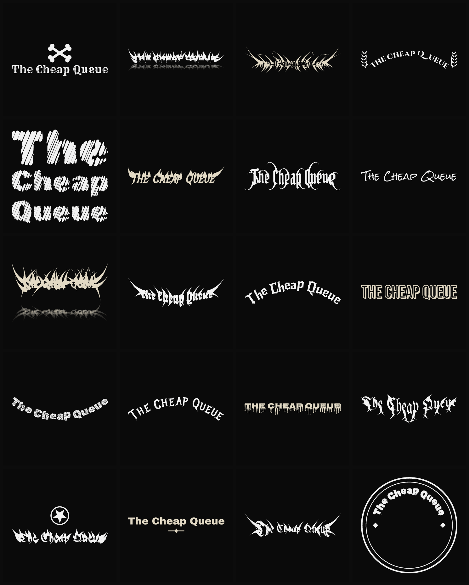 Twenty The Cheap Queue band logo ideas — different faces, treatments and spike settings