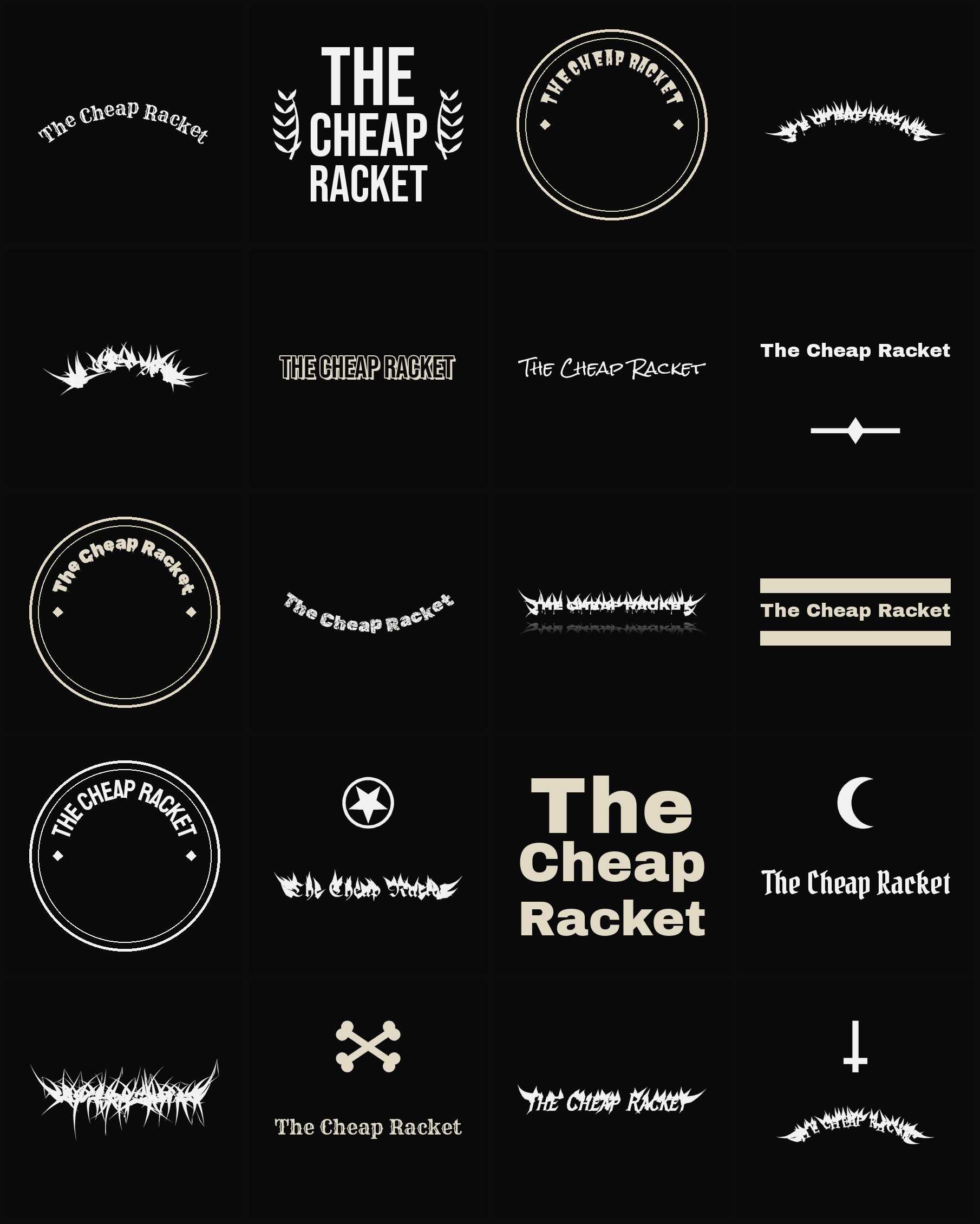 Twenty The Cheap Racket band logo ideas — different faces, treatments and spike settings