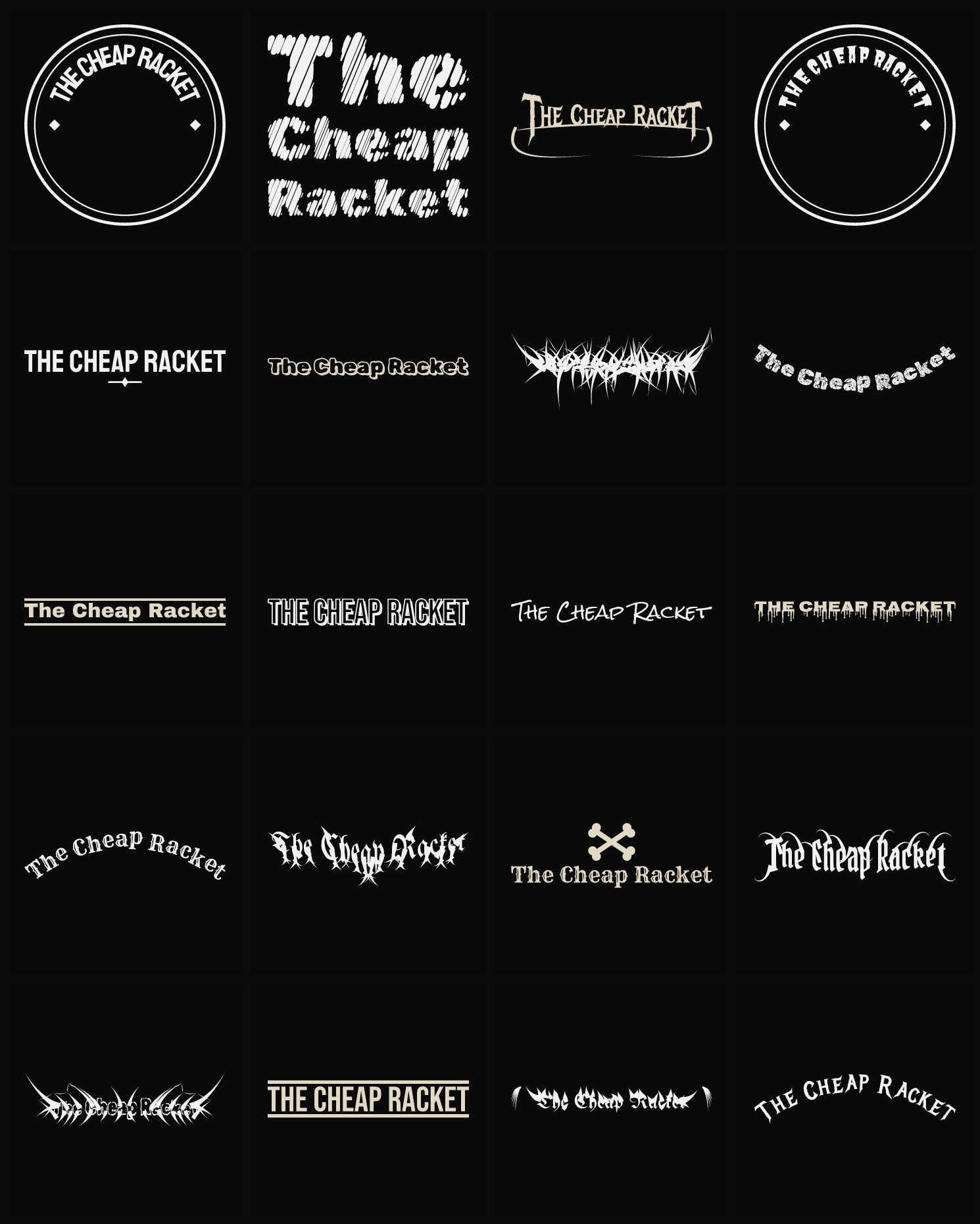 Twenty The Cheap Racket band logo ideas — different faces, treatments and spike settings