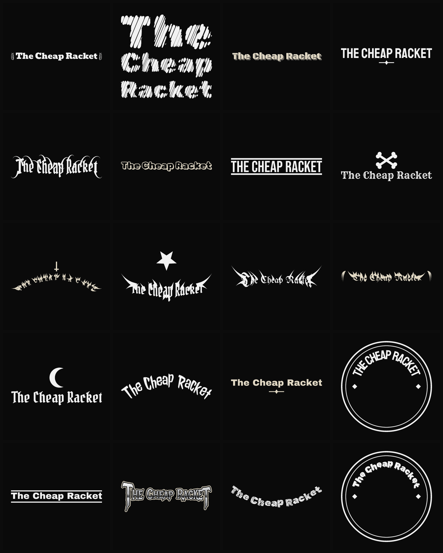 Twenty The Cheap Racket band logo ideas — different faces, treatments and spike settings