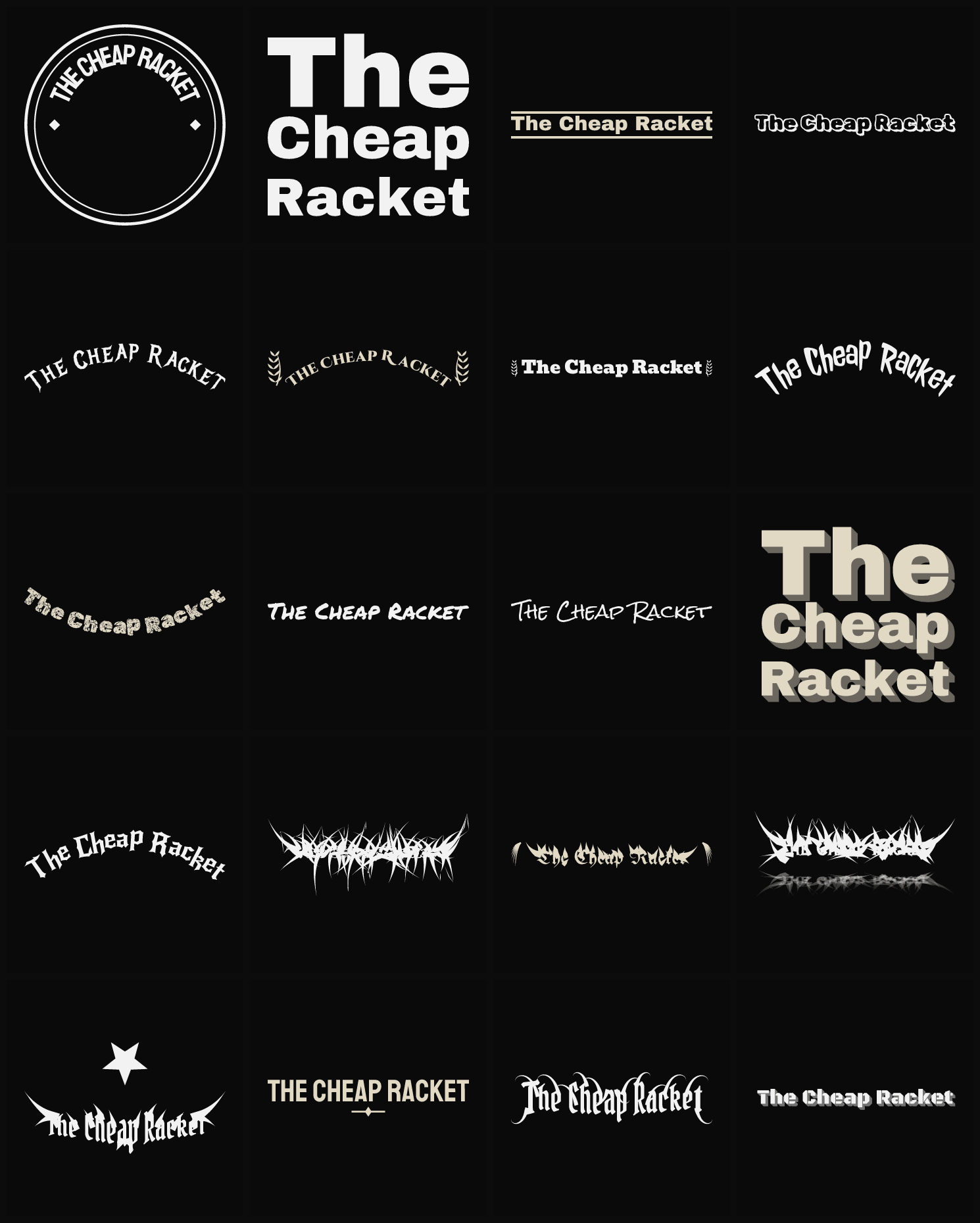 Twenty The Cheap Racket band logo ideas — different faces, treatments and spike settings