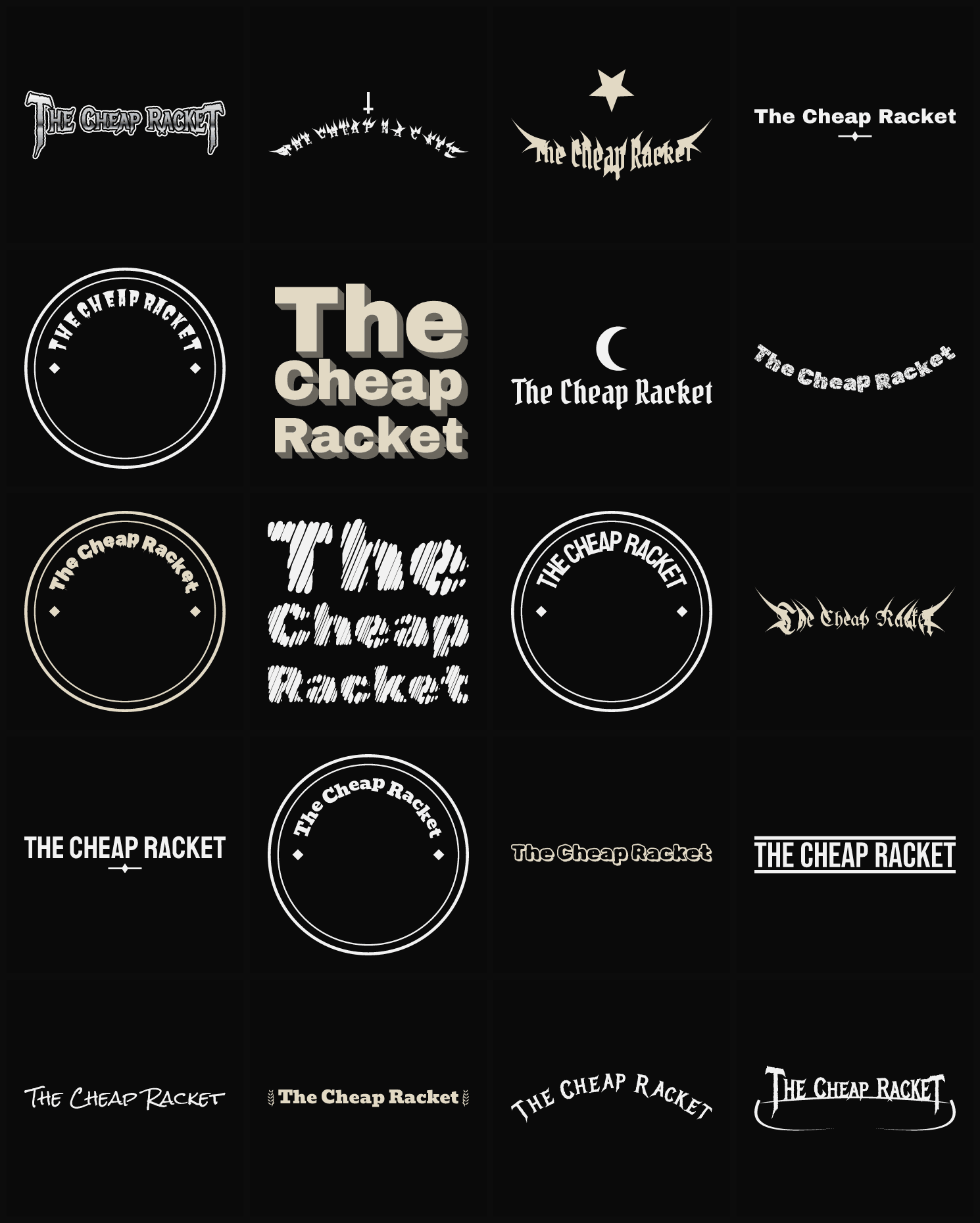 Twenty The Cheap Racket band logo ideas — different faces, treatments and spike settings