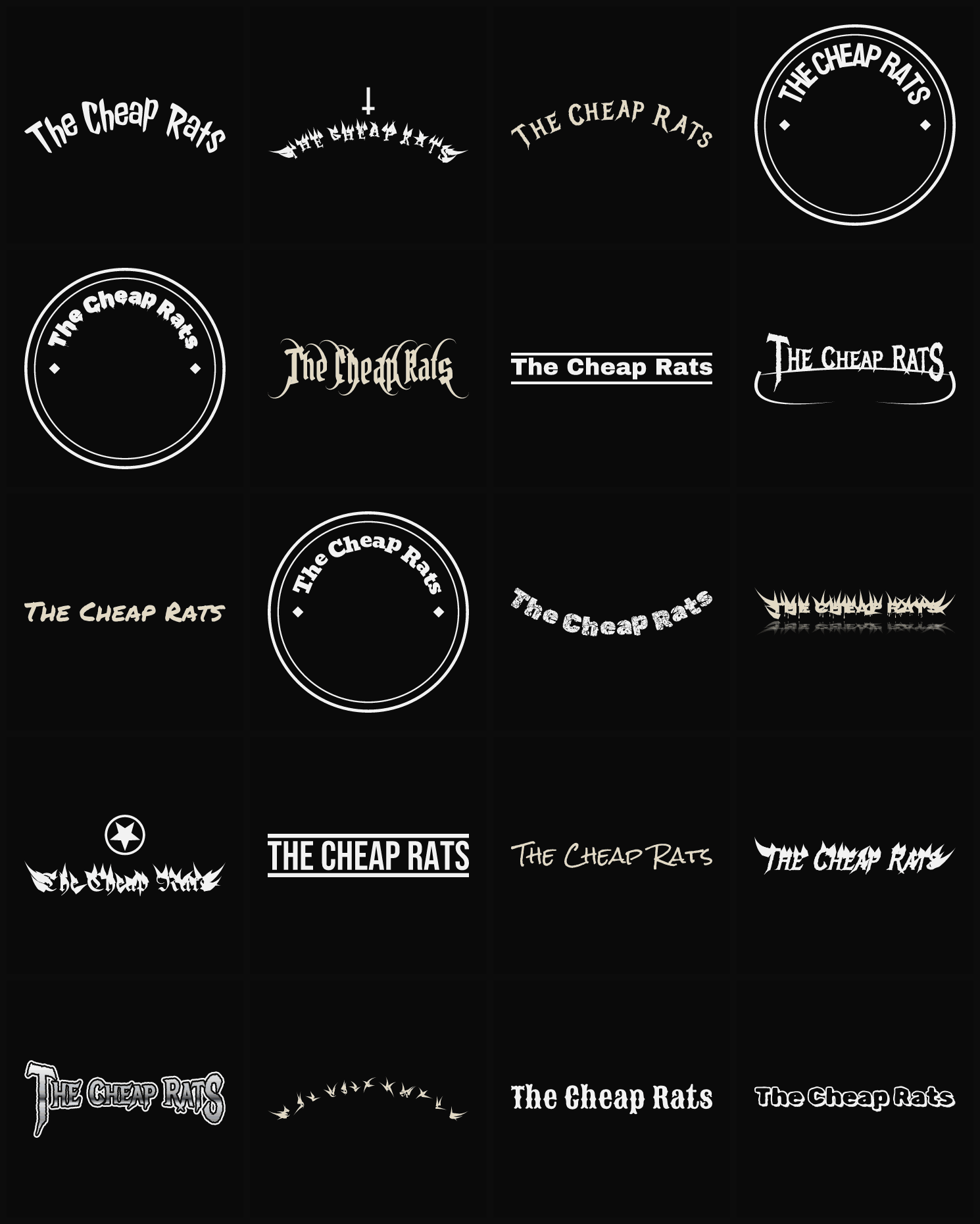 Twenty The Cheap Rats band logo ideas — different faces, treatments and spike settings