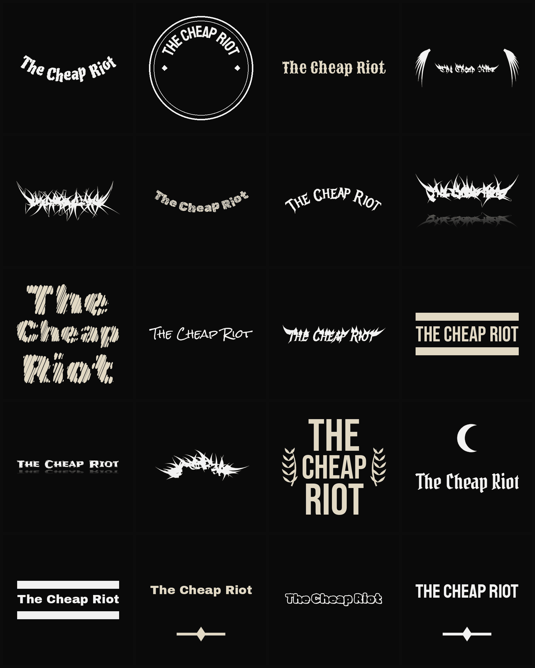Twenty The Cheap Riot band logo ideas — different faces, treatments and spike settings
