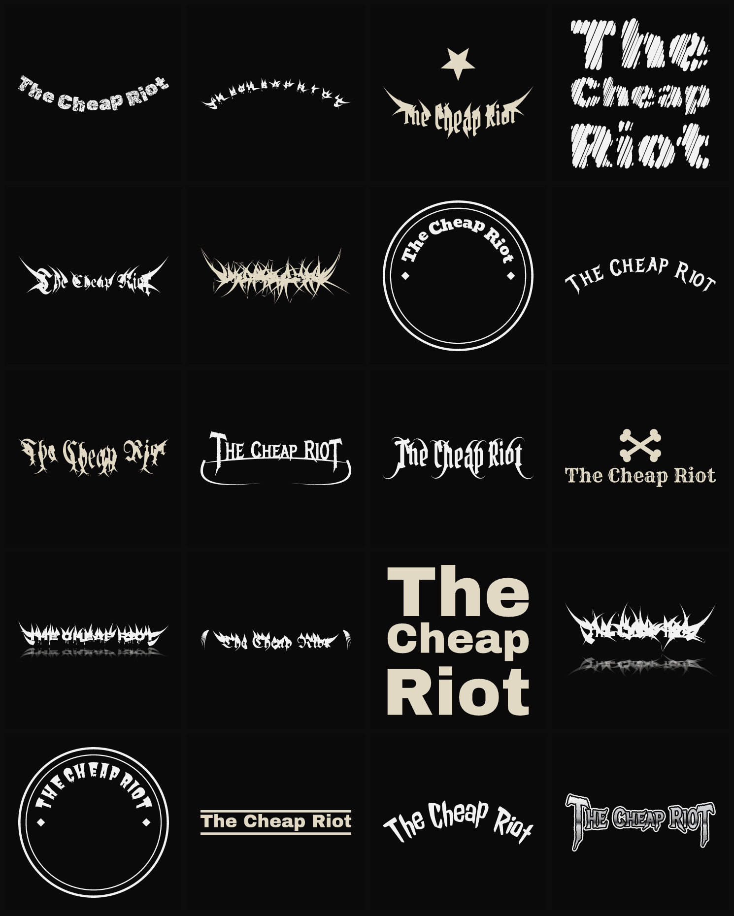 Twenty The Cheap Riot band logo ideas — different faces, treatments and spike settings