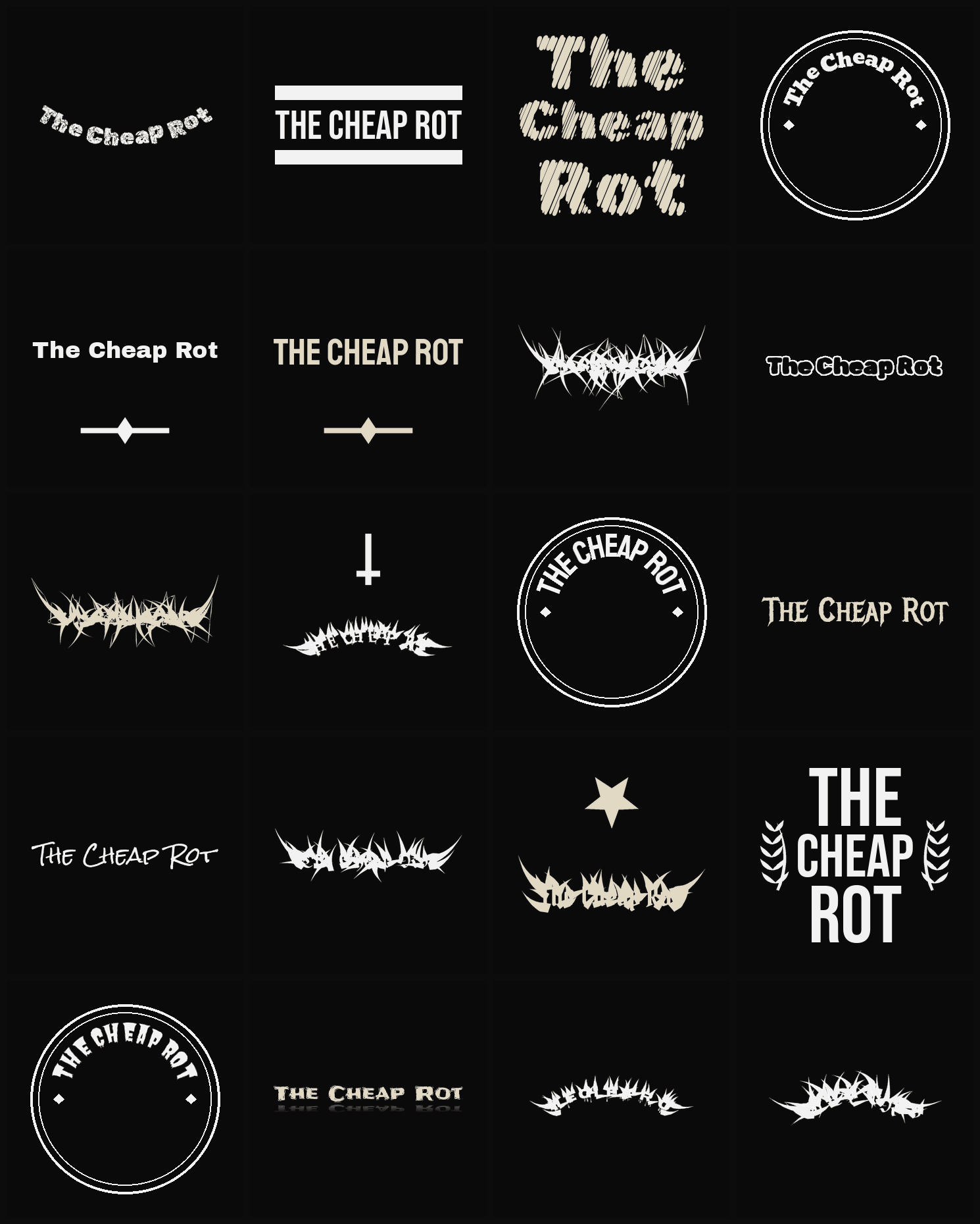 Twenty The Cheap Rot band logo ideas — different faces, treatments and spike settings