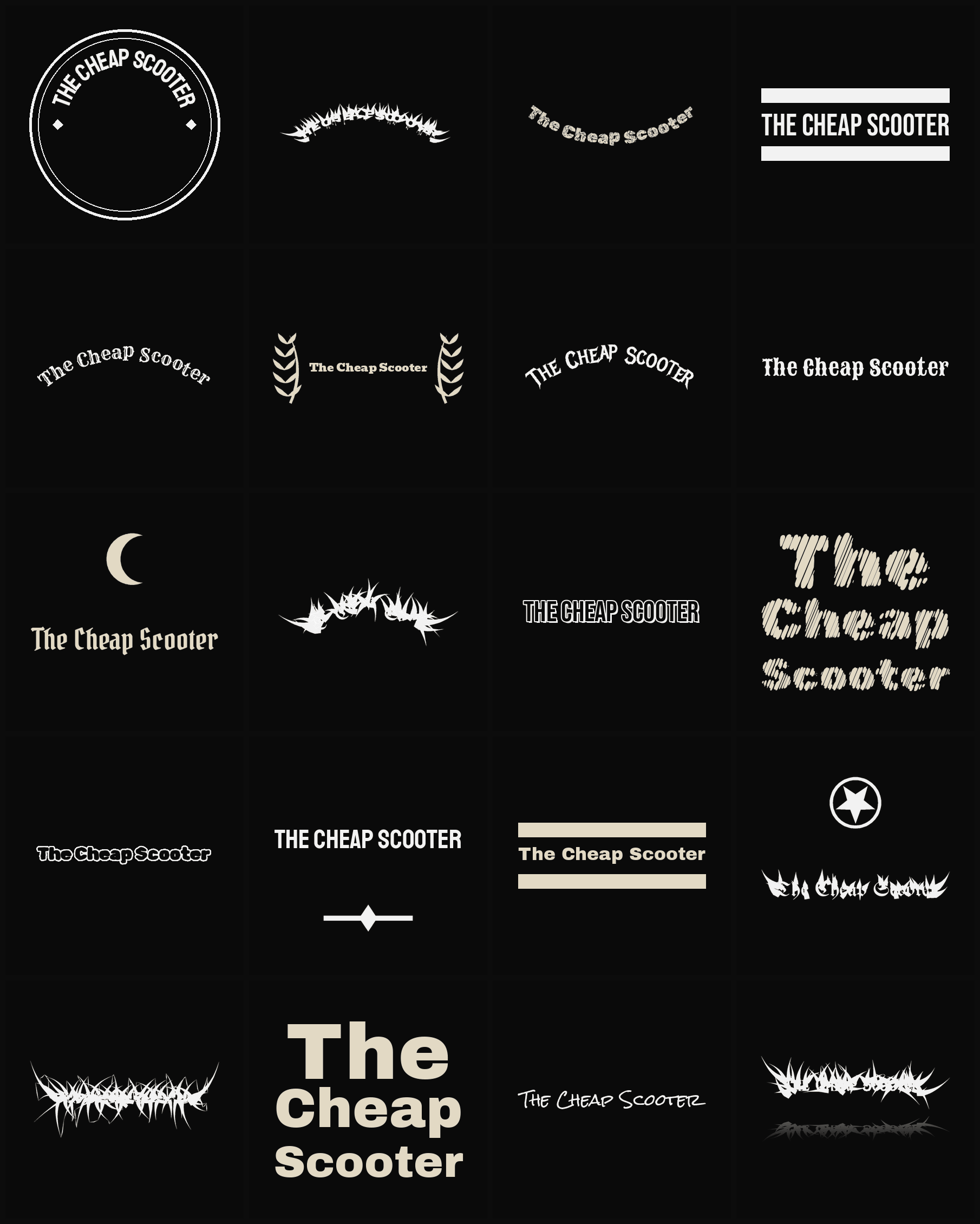 Twenty The Cheap Scooter band logo ideas — different faces, treatments and spike settings