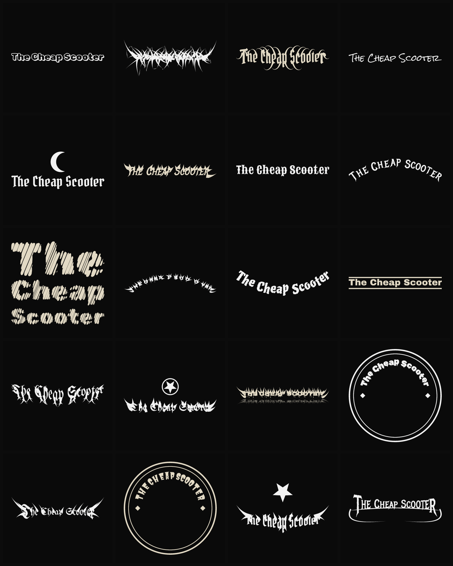 Twenty The Cheap Scooter band logo ideas — different faces, treatments and spike settings