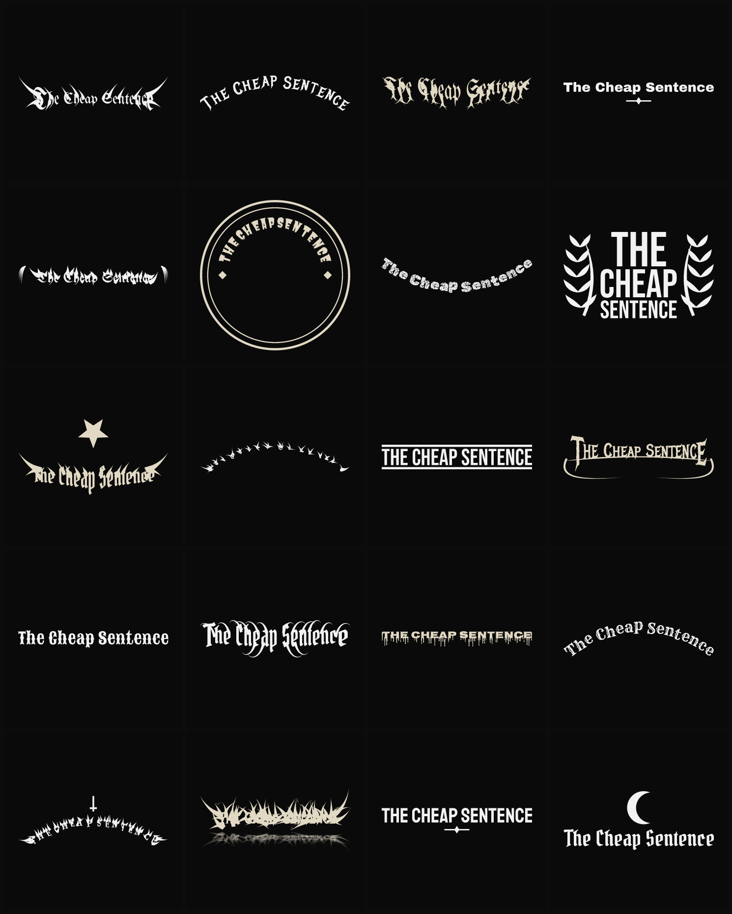 Twenty The Cheap Sentence band logo ideas — different faces, treatments and spike settings