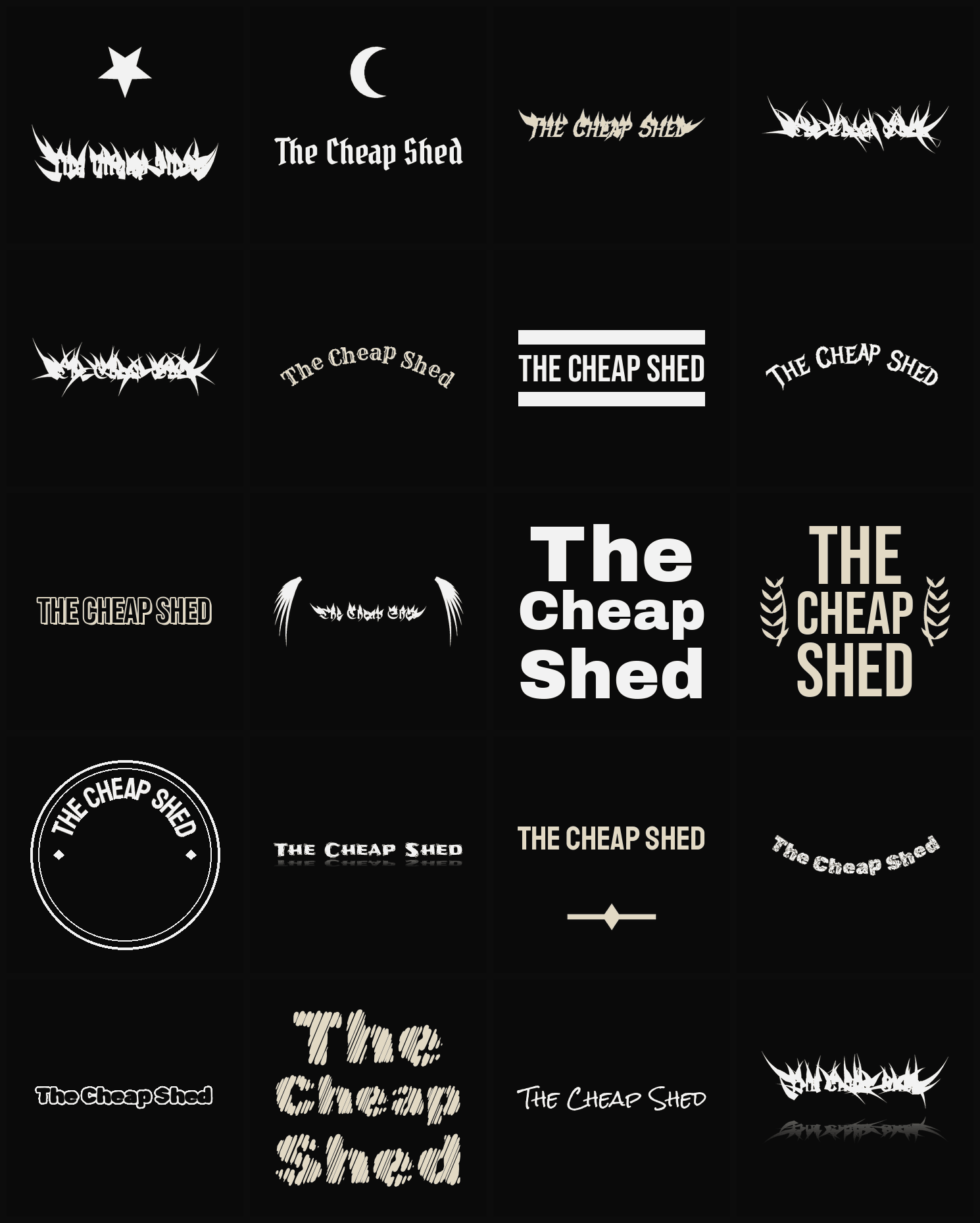 Twenty The Cheap Shed band logo ideas — different faces, treatments and spike settings