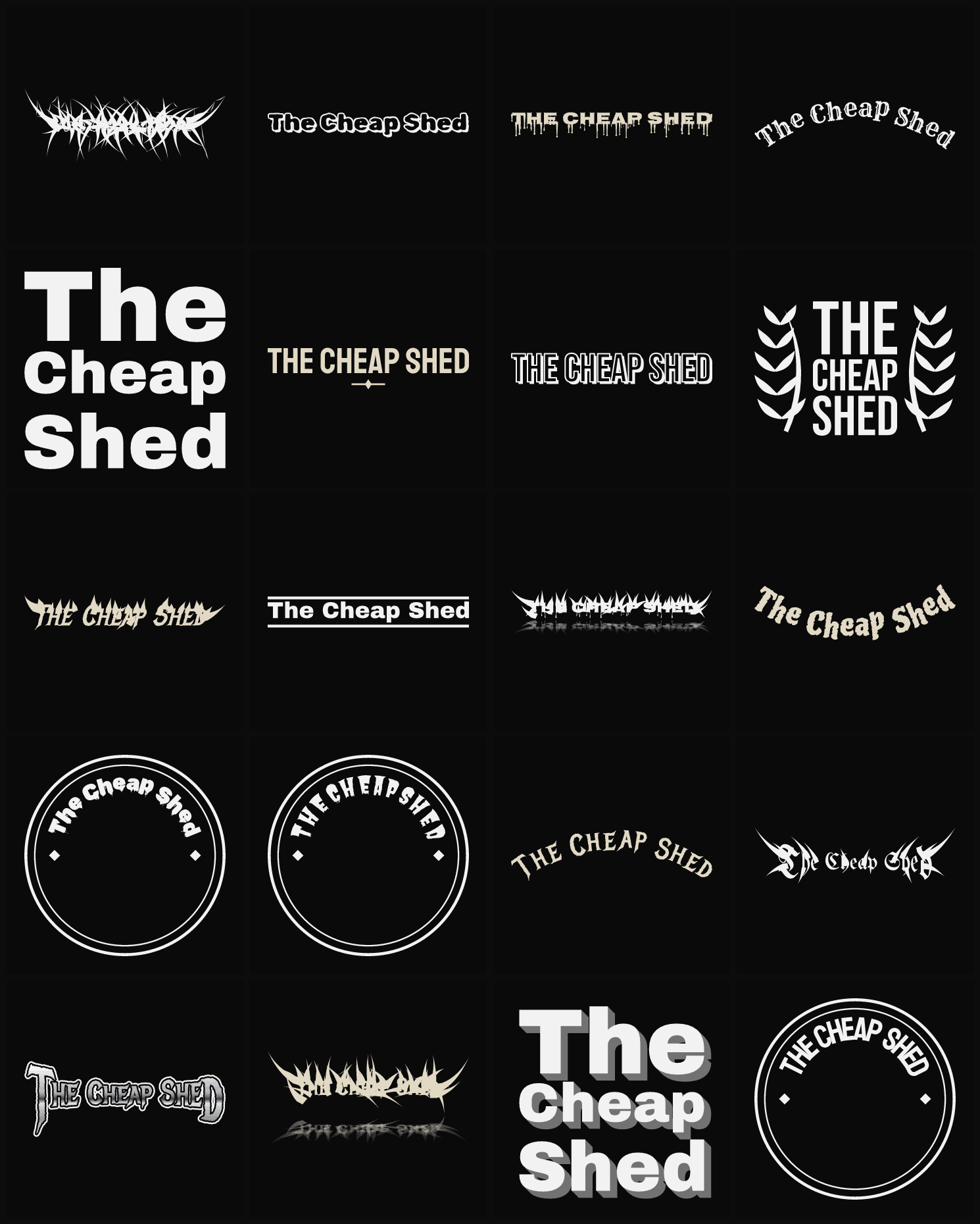 Twenty The Cheap Shed band logo ideas — different faces, treatments and spike settings