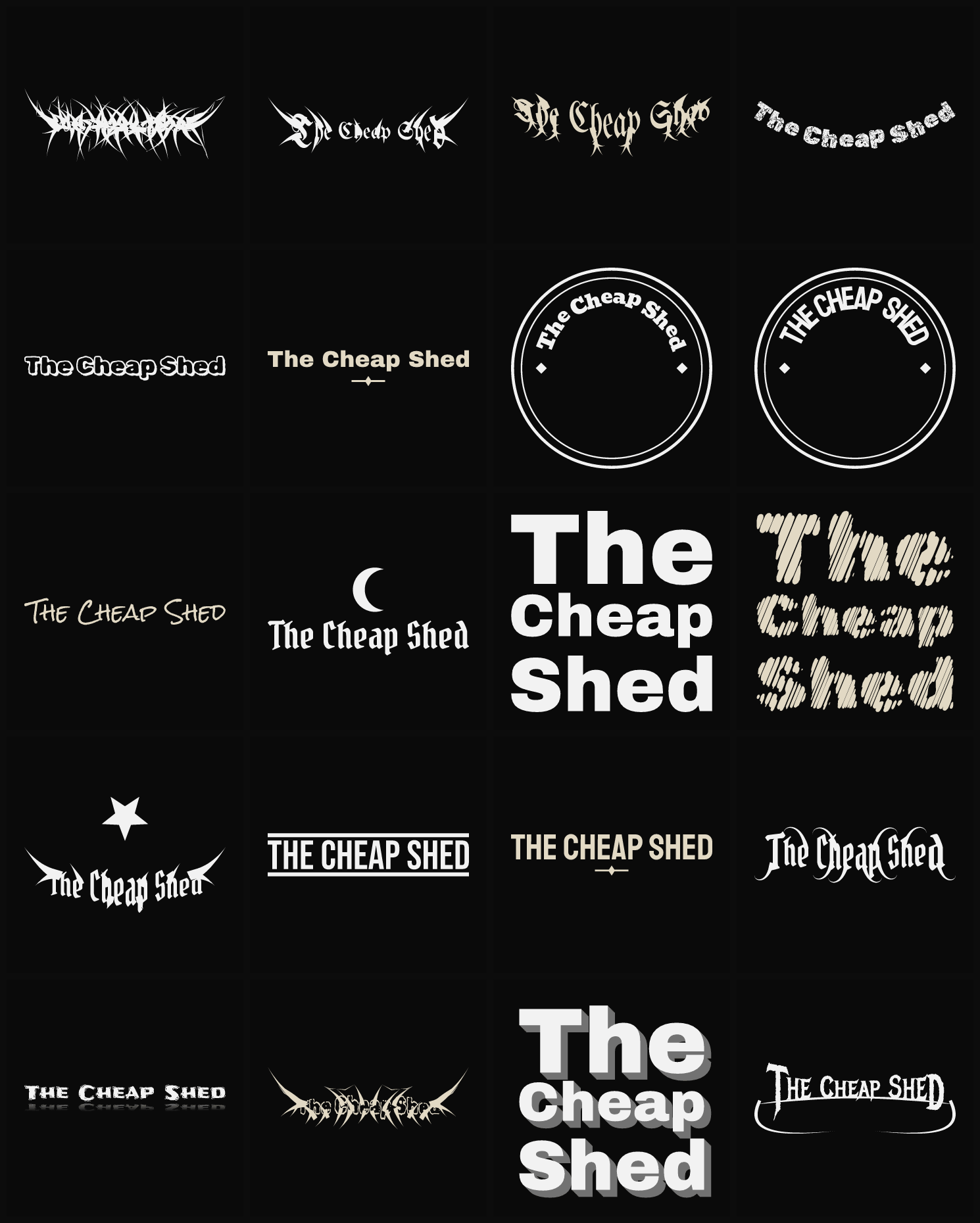 Twenty The Cheap Shed band logo ideas — different faces, treatments and spike settings
