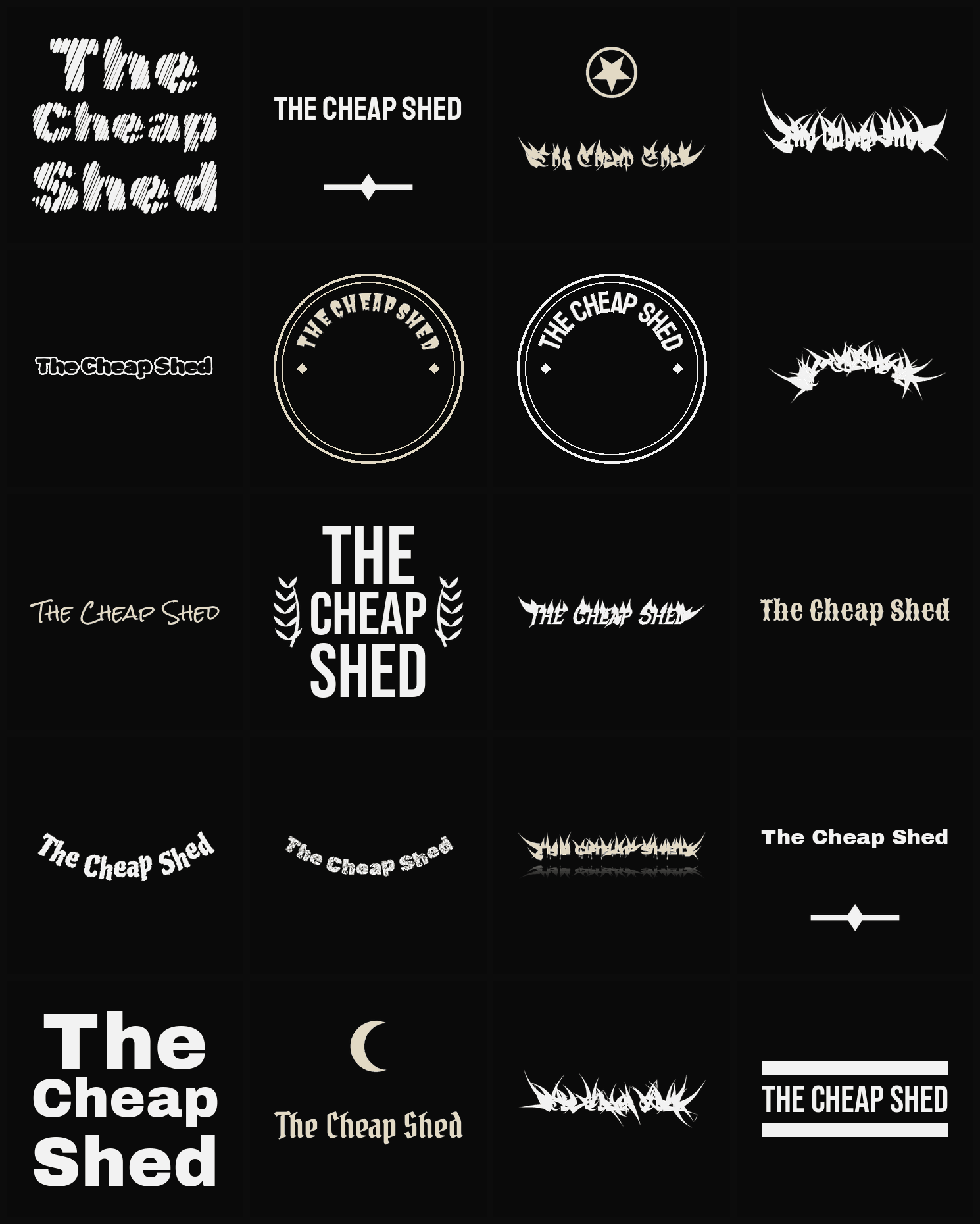 Twenty The Cheap Shed band logo ideas — different faces, treatments and spike settings