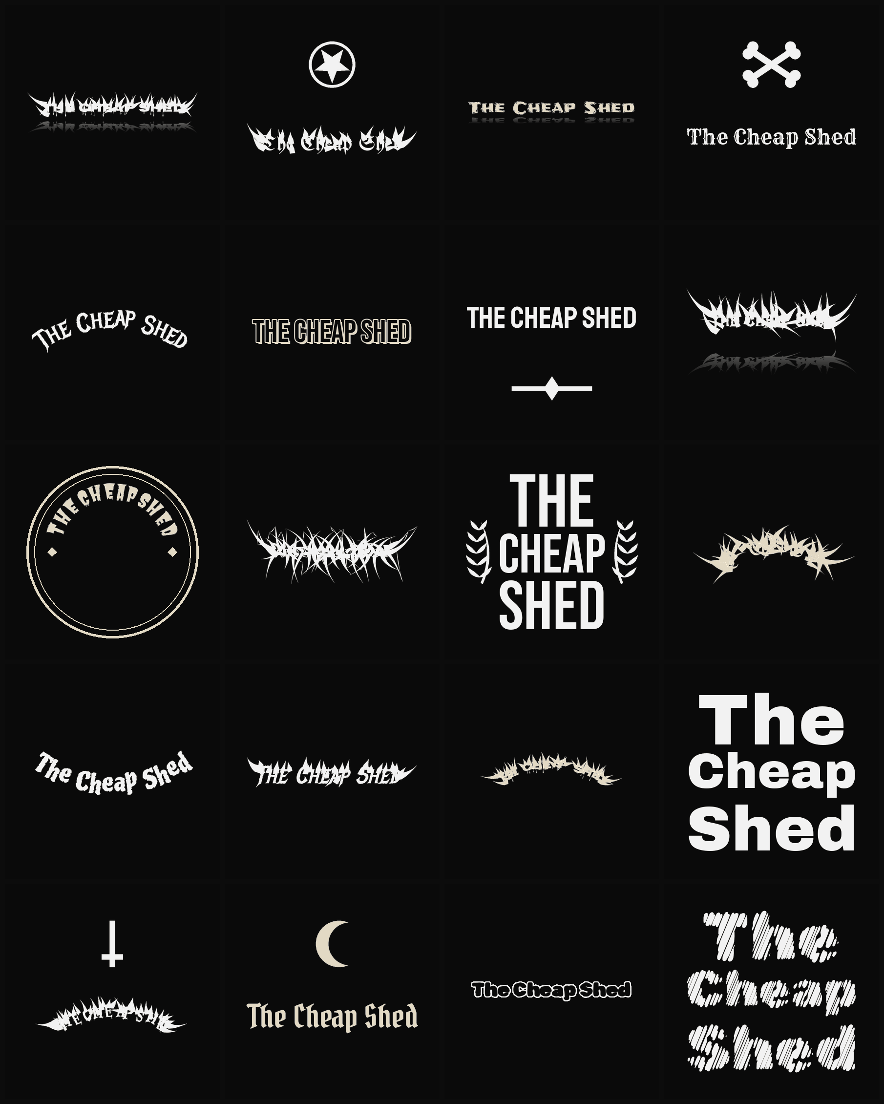 Twenty The Cheap Shed band logo ideas — different faces, treatments and spike settings