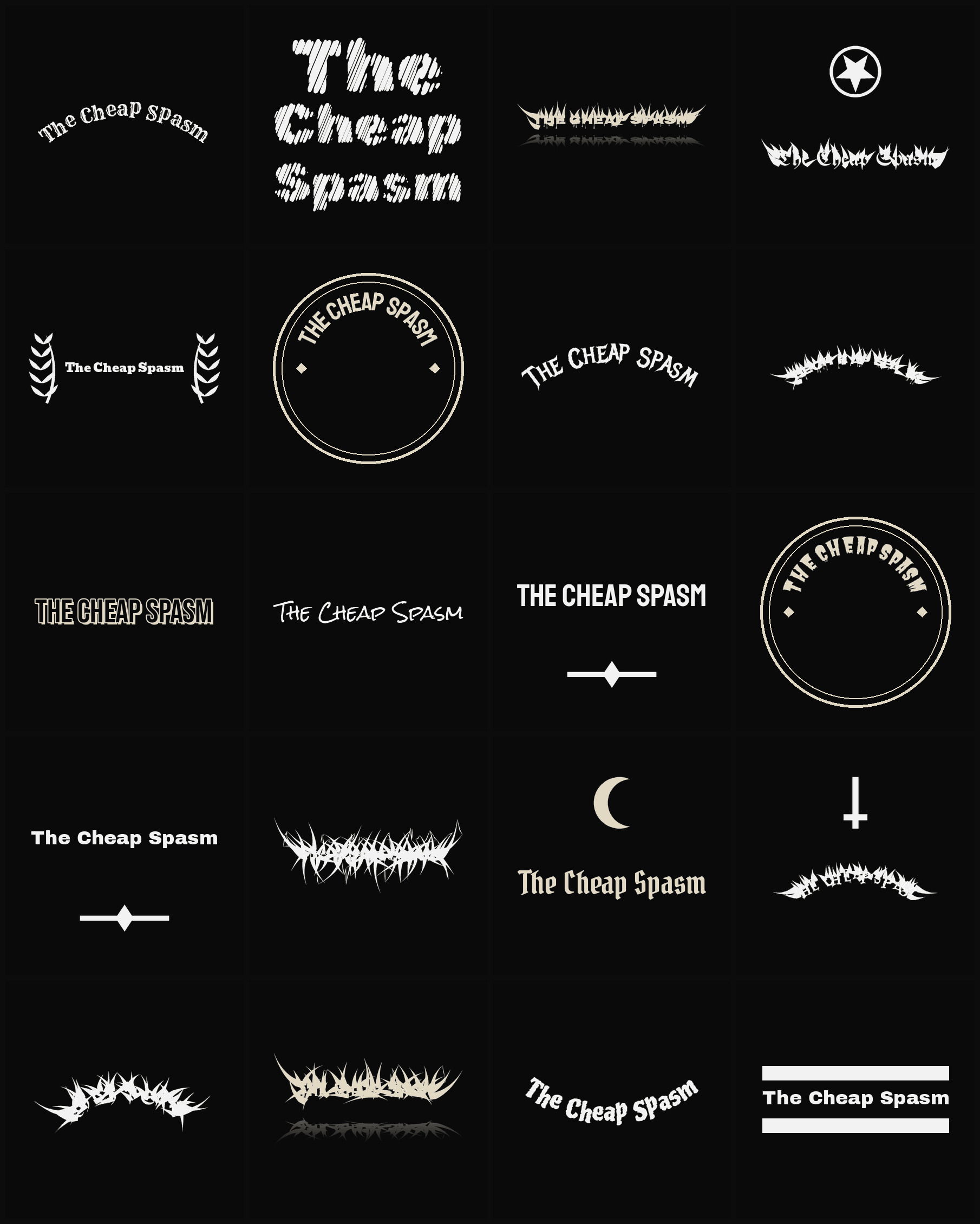 Twenty The Cheap Spasm band logo ideas — different faces, treatments and spike settings