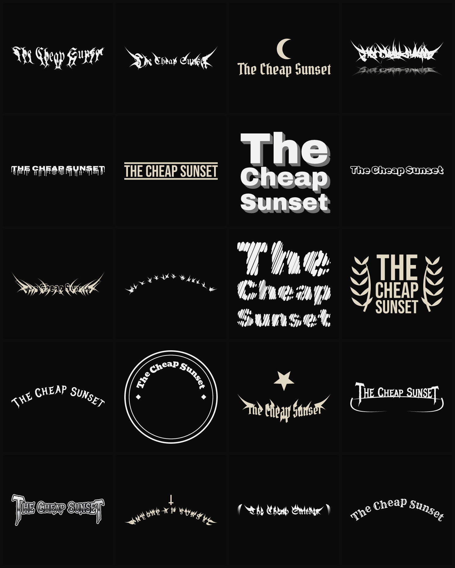 Twenty The Cheap Sunset band logo ideas — different faces, treatments and spike settings