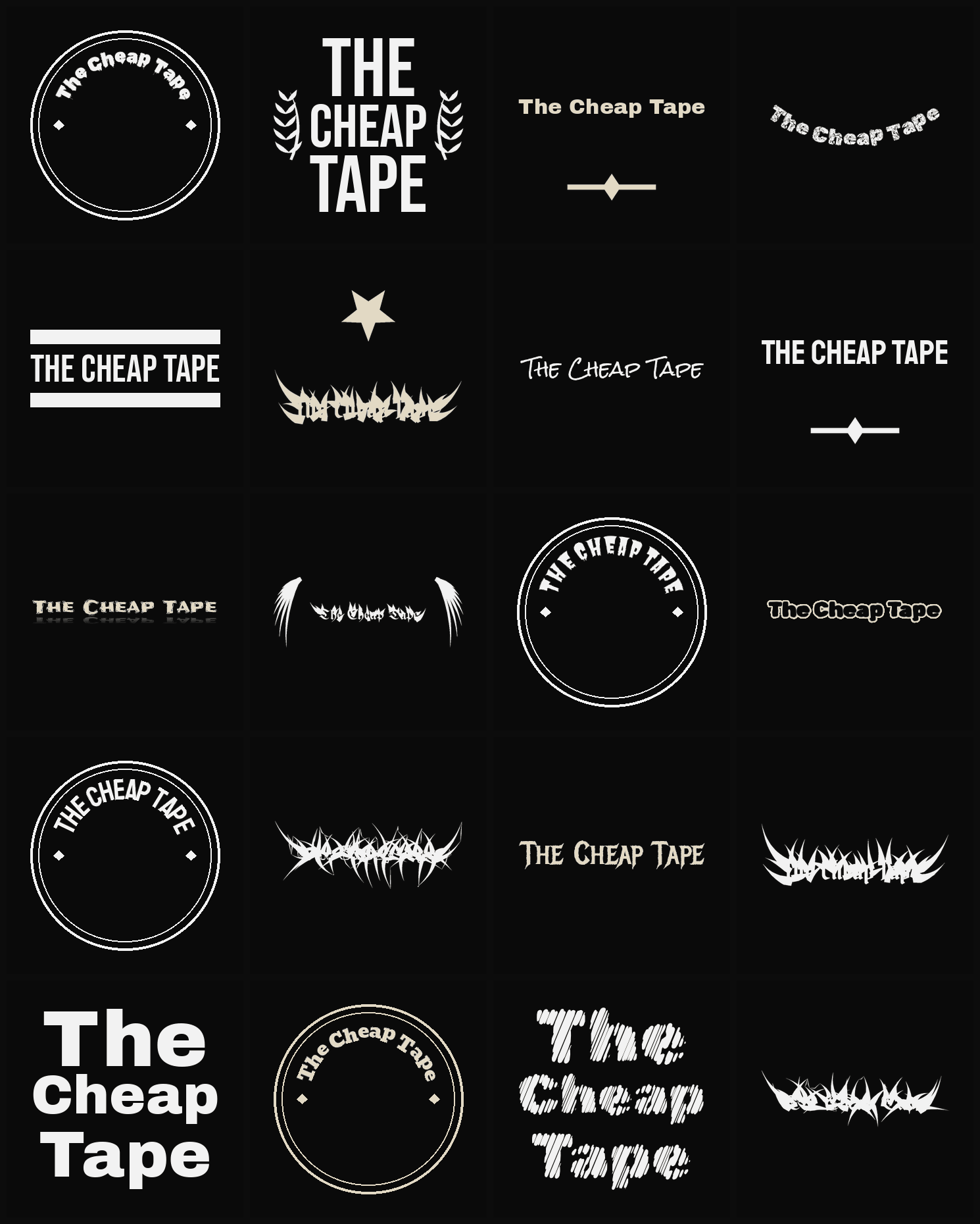 Twenty The Cheap Tape band logo ideas — different faces, treatments and spike settings