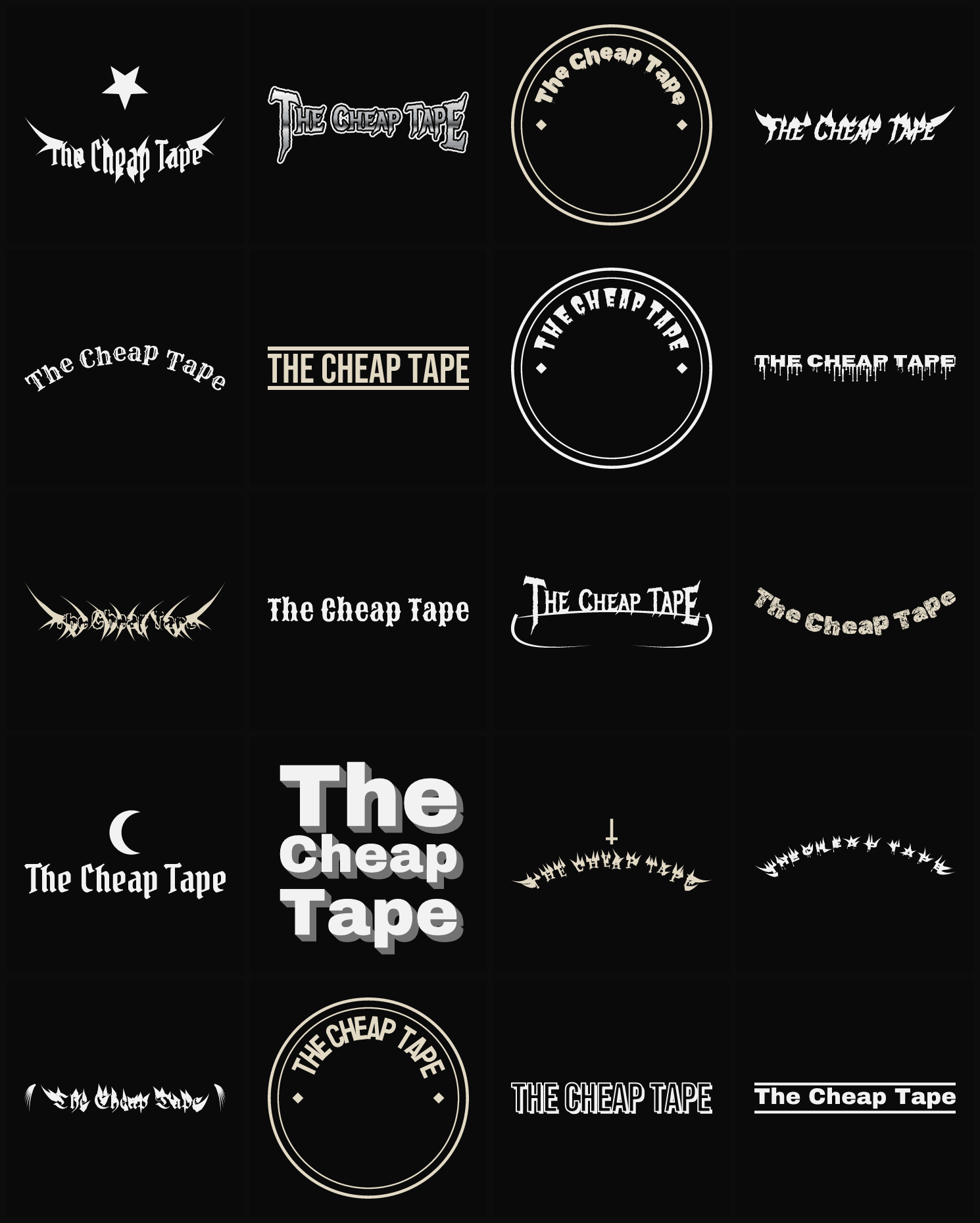 Twenty The Cheap Tape band logo ideas — different faces, treatments and spike settings