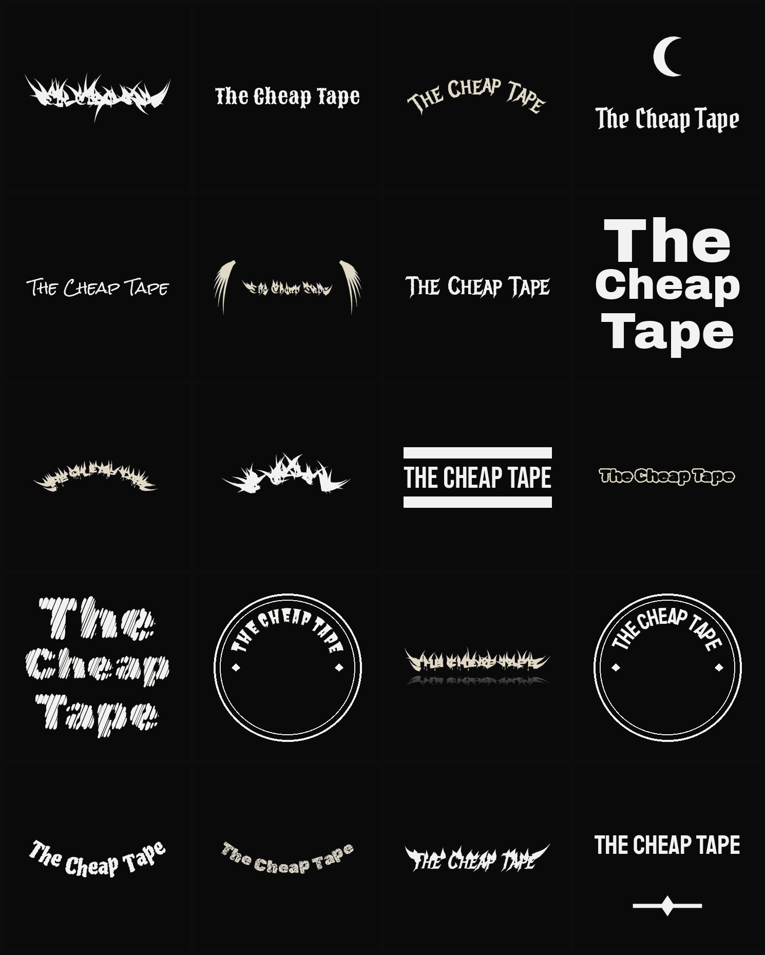 Twenty The Cheap Tape band logo ideas — different faces, treatments and spike settings