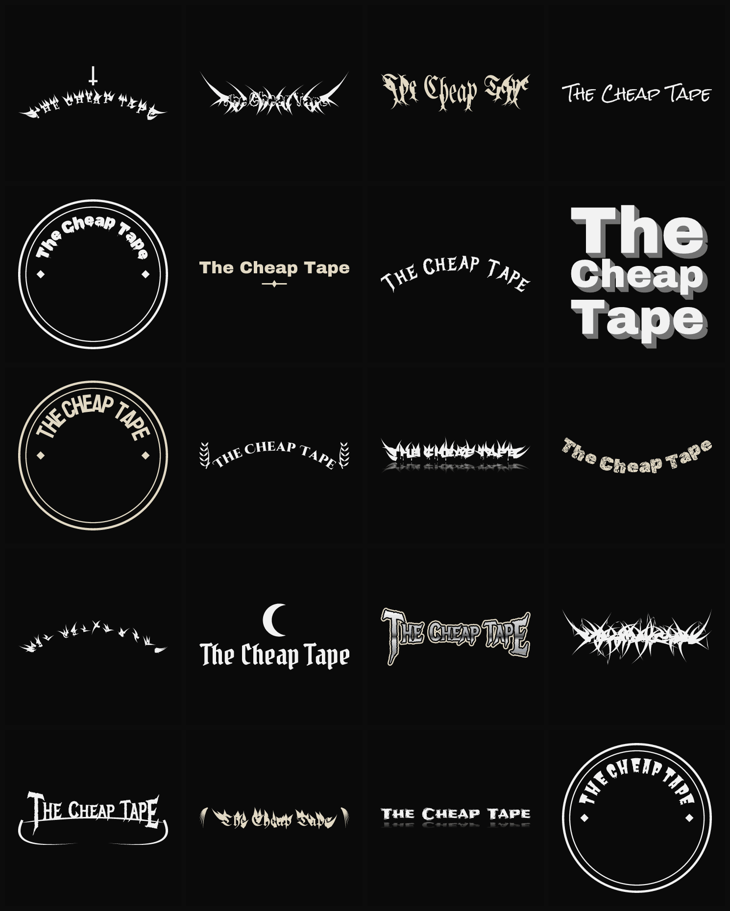 Twenty The Cheap Tape band logo ideas — different faces, treatments and spike settings