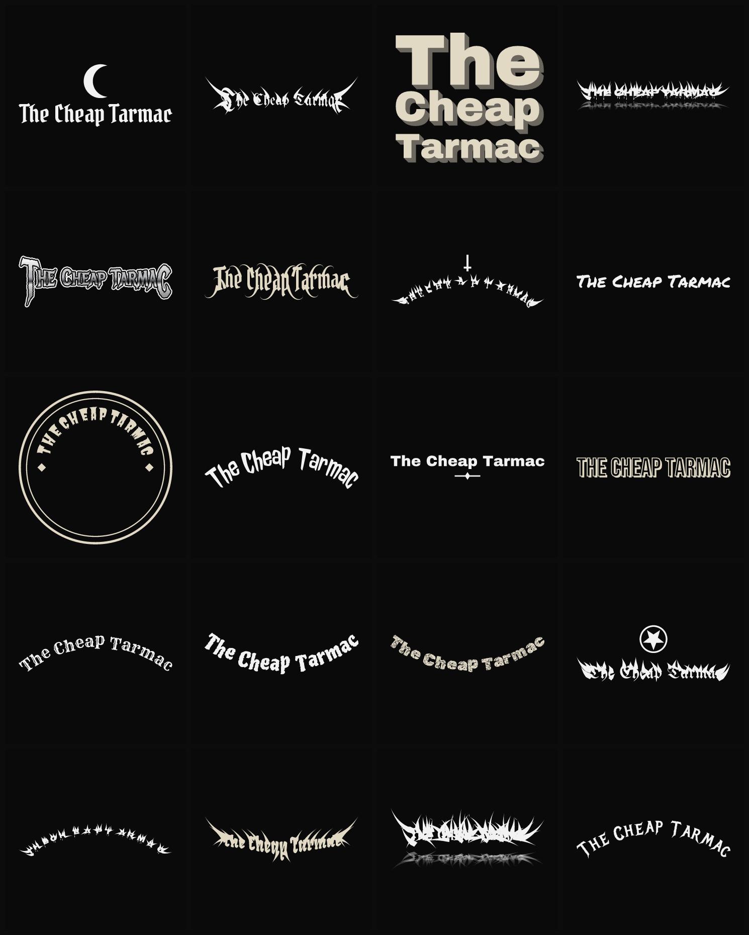Twenty The Cheap Tarmac band logo ideas — different faces, treatments and spike settings
