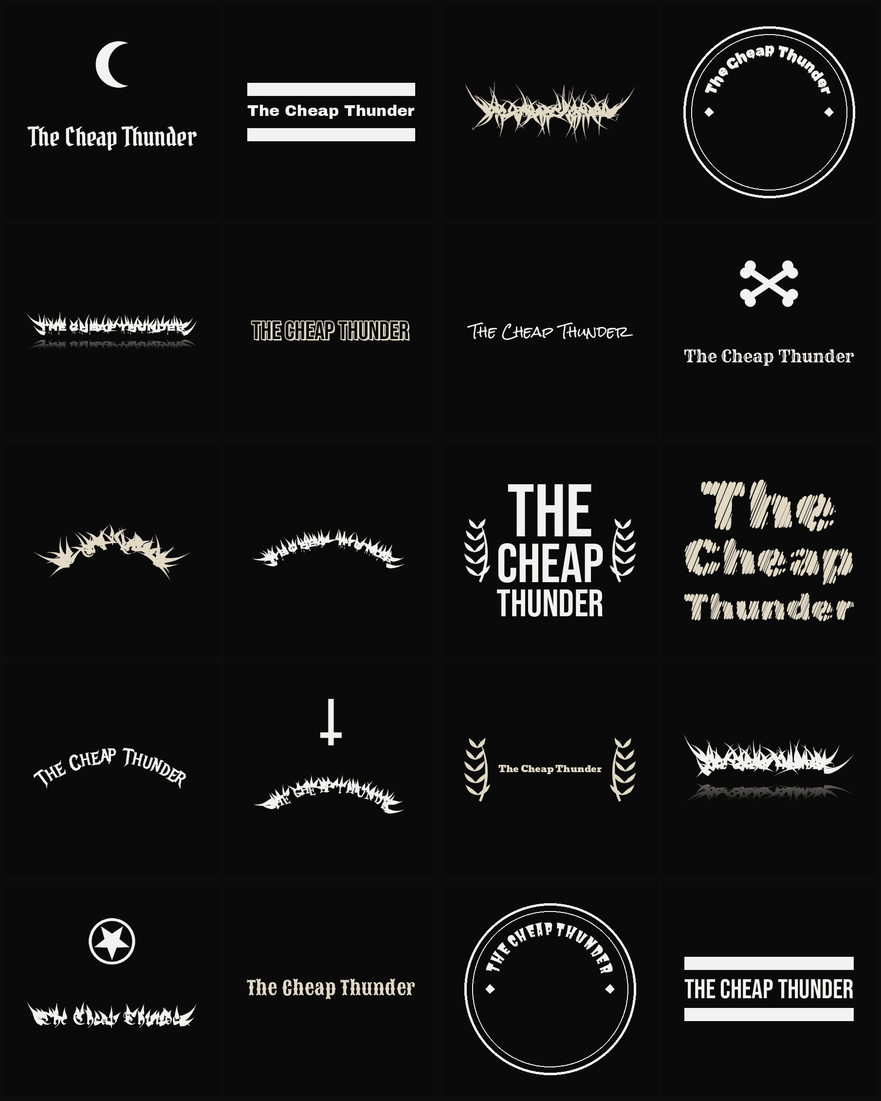 Twenty The Cheap Thunder band logo ideas — different faces, treatments and spike settings