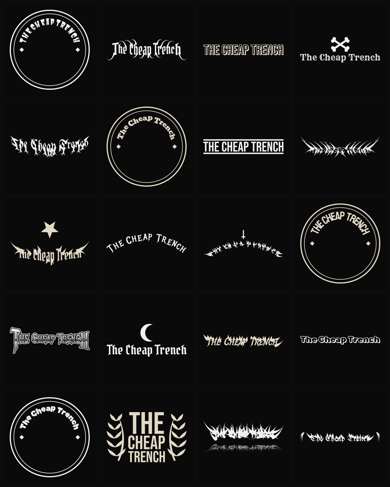 Twenty The Cheap Trench band logo ideas — different faces, treatments and spike settings