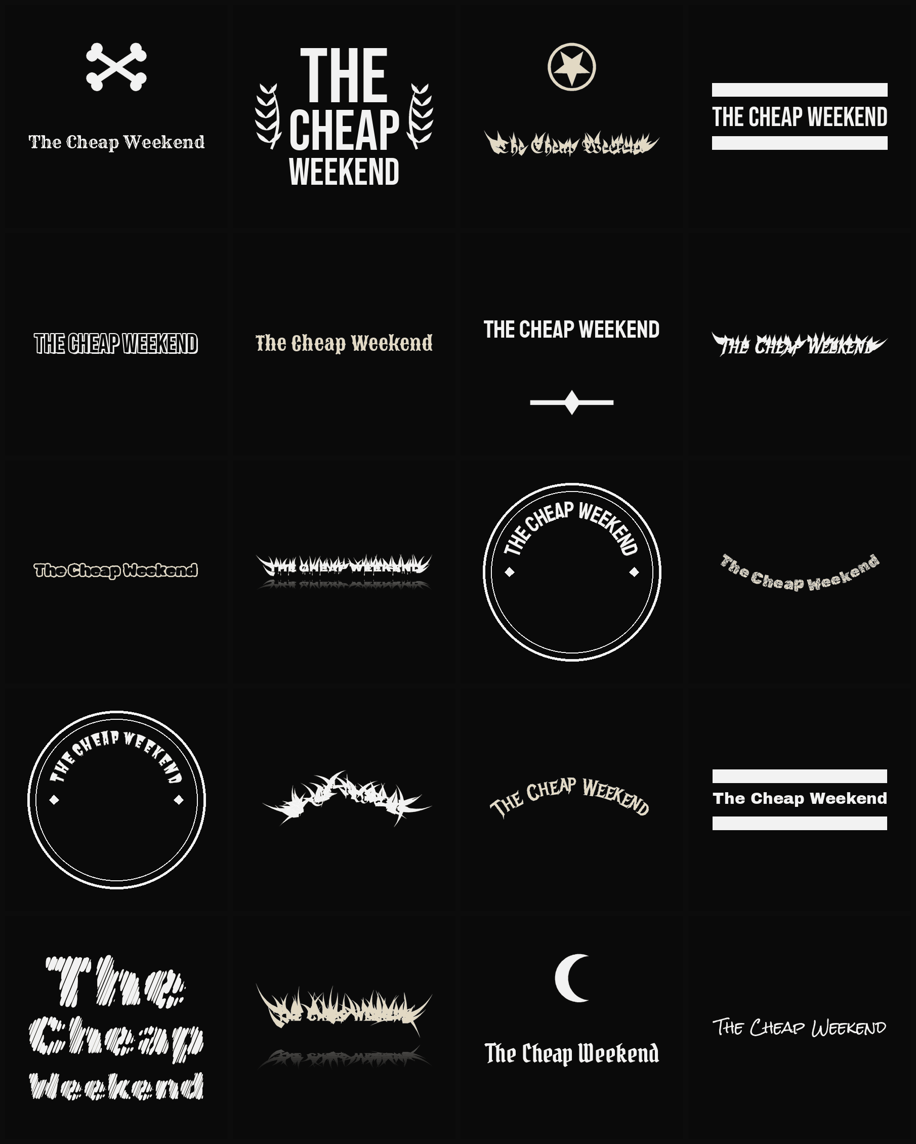 Twenty The Cheap Weekend band logo ideas — different faces, treatments and spike settings