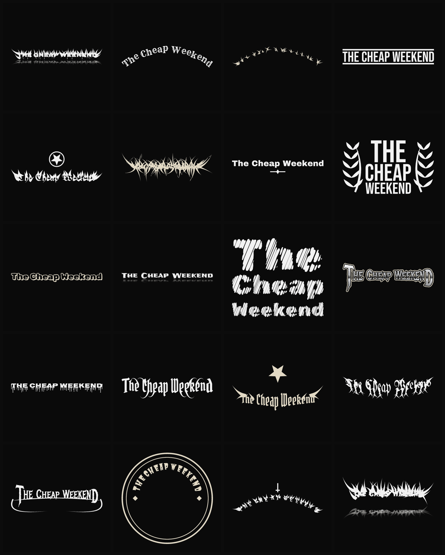 Twenty The Cheap Weekend band logo ideas — different faces, treatments and spike settings