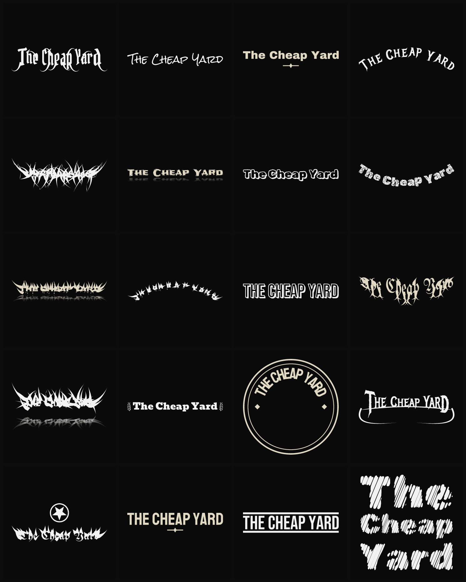 Twenty The Cheap Yard band logo ideas — different faces, treatments and spike settings
