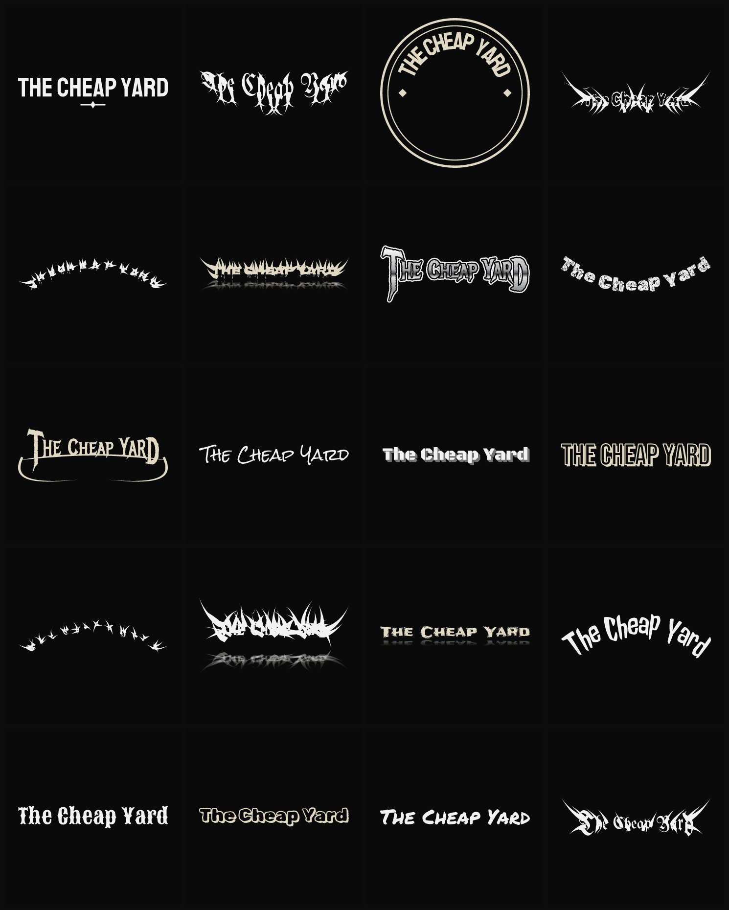 Twenty The Cheap Yard band logo ideas — different faces, treatments and spike settings